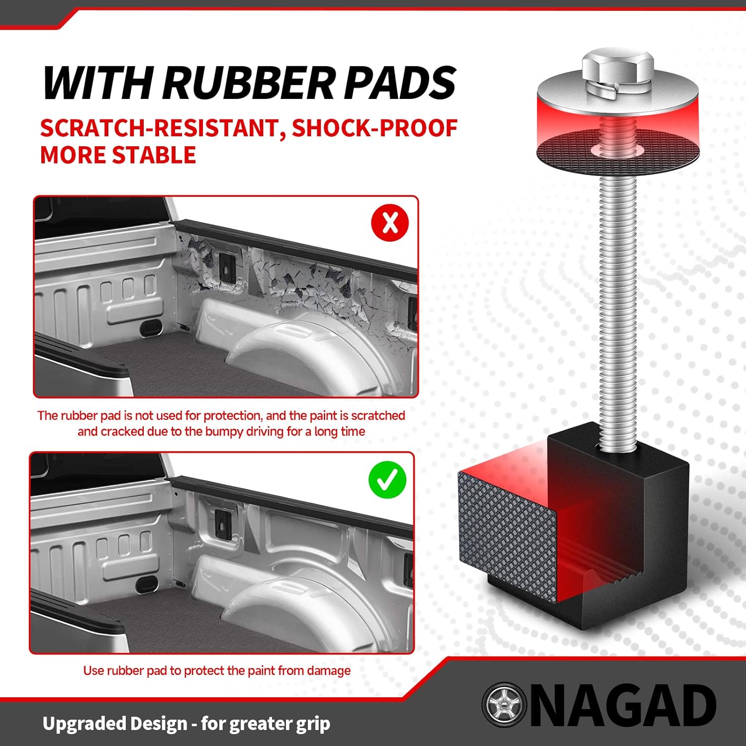 Close-up view of the J-hook clamp and rubber pads, illustrating how the pads protect the truck bed from scratches and enhance grip.