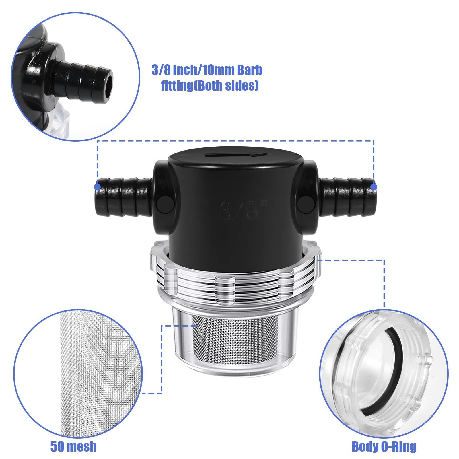 2 Pièces Crépine Pompe à Eau, 3/8 Pouce Écran en Acier Inoxydable 50 Mailles Filtre de Pompe RV Crépine de Tuyau à Visser