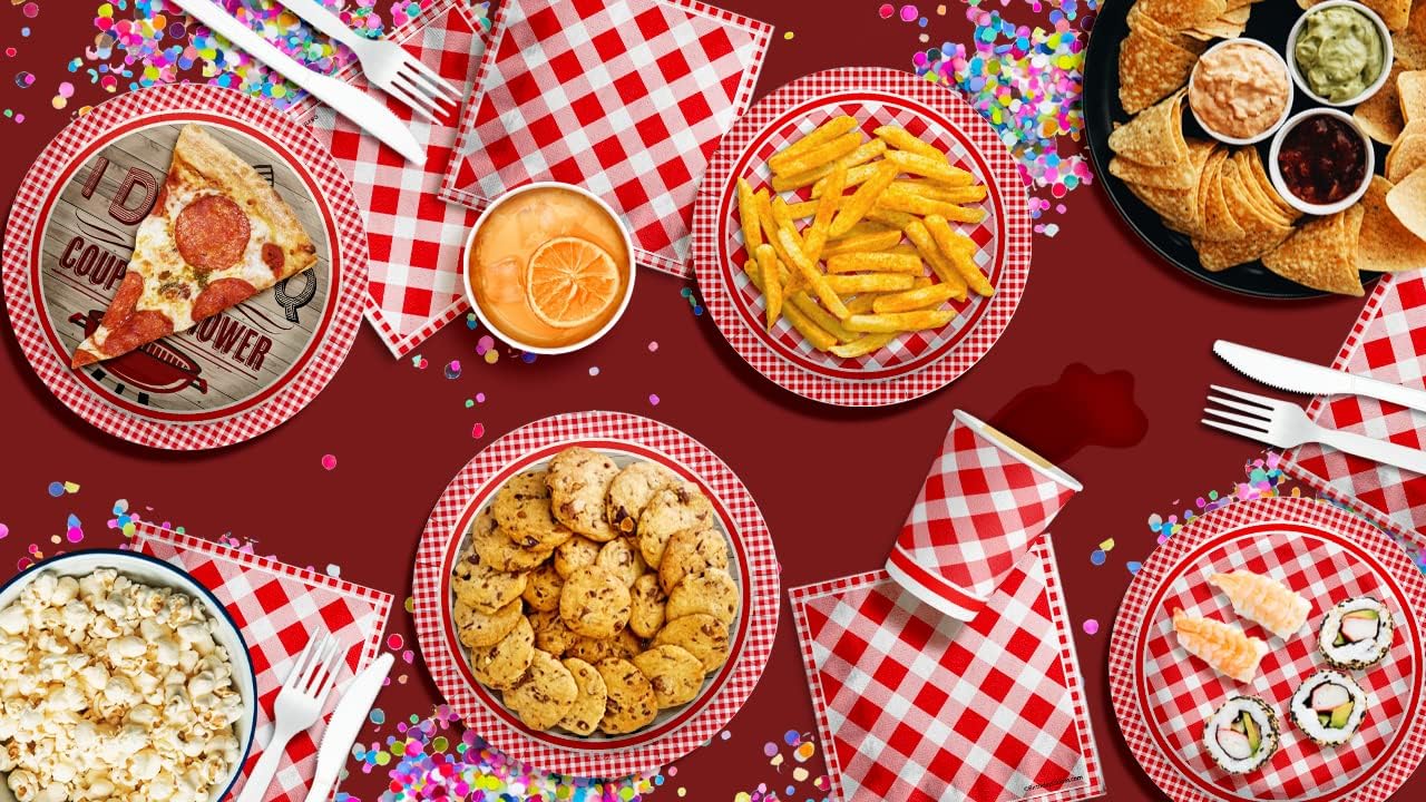 I Do BBQ Couples Shower Red Gingham Party Supplies - 64 Piece Bachelor Bacherlorette Bar-B-Q Tableware Set Includes Large 9" Dinner Plates and 8" Dessert Paper Plates Napkins Cups - Kit for 16 - Image 7