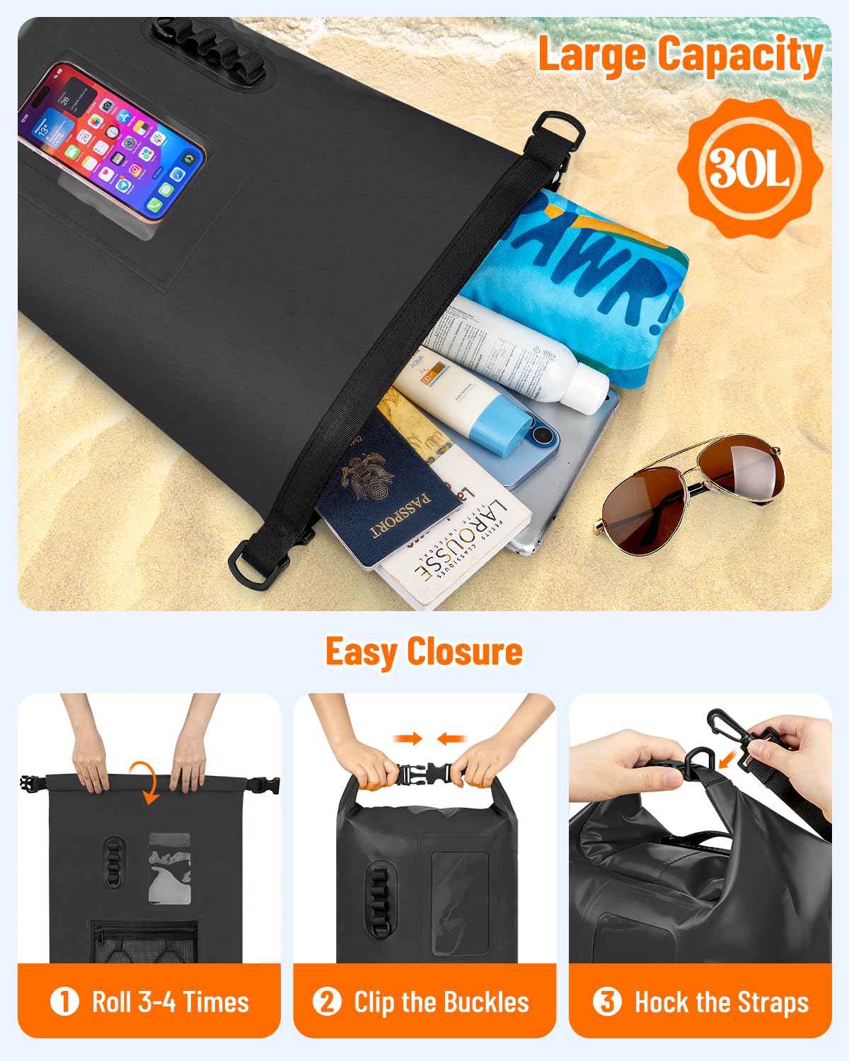 Dry Bag wasserdichte Tasche 20L/30L, Drybag Schwimmfähige Strandtasche, Wasserdichter Beutel Rucksack Con Handyhülle Wasserdicht für Schwimmen Camping Kajakfahren Angeln
