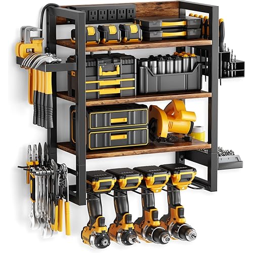Wood-Metal Power Tool Organizer Wall Mount with 5 Charging Station, 3 Tier Garage Tool Organizers and Storage with 4 Drill Holders, Power Tool Storage for Workshop, Basement, Vintage Brown