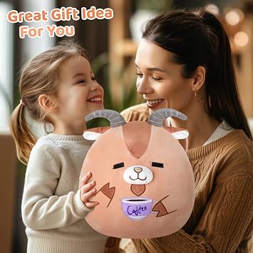 Glow Guards Original 12 Goat Plush Pillow Cute Goat Stuffed Animal with Coffee Soft Plush Toy Stuffed Animals Sheep Birthday Gift for Boys Girls Kids,Brown Barbary Sheep Holding Coffee