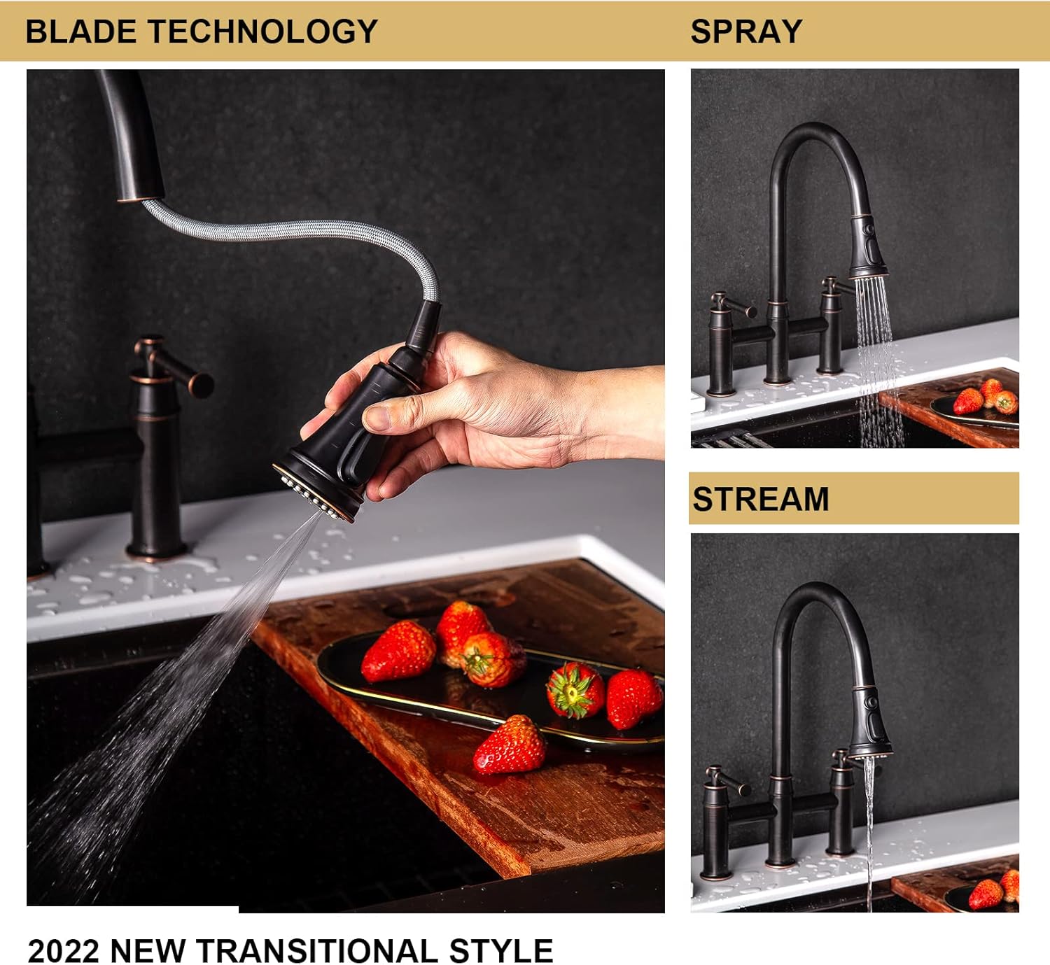 Oil Rubbed Bronze Bridge Kitchen Faucet with Pull-Down Sprayer, Lava Odoro Transitional Kitchen Sink Faucet 3 Hole Spot-Resistant, Lead-Free, KF501-ORB