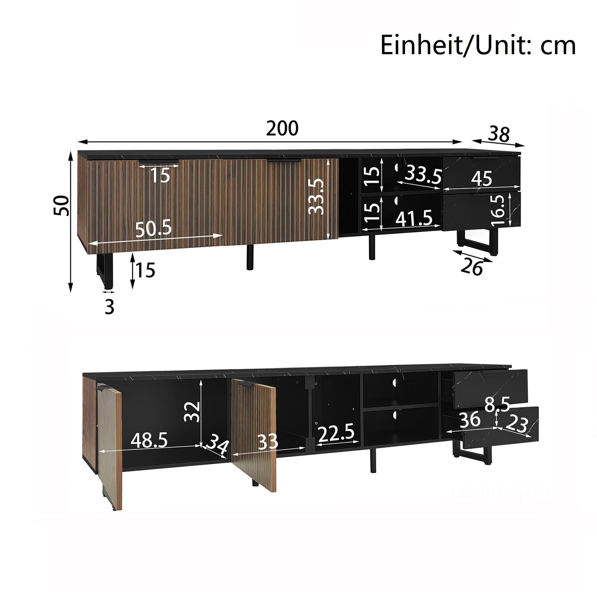 Mueble de TV de 200 cm con aspecto de mármol negro, puertas de vetas de madera oscura, iluminación LED ajustable, dos puertas y dos cajones, adecuado para robot aspirador, 200 x 50 x 38 cm