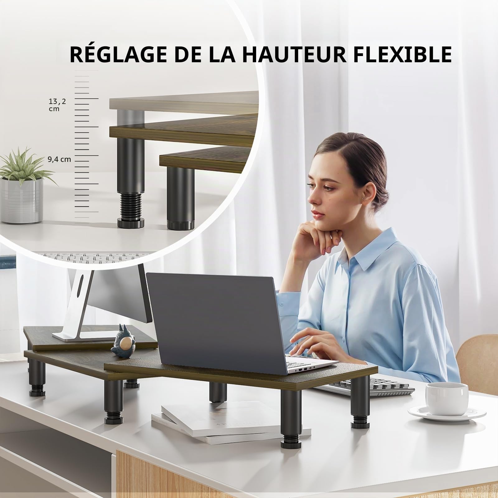 Support de moniteur double avec pieds en acier à hauteur réglable, support de moniteur en bois pour bureau, rehausseur de moniteur pour 2 moniteurs avec espace de rangement