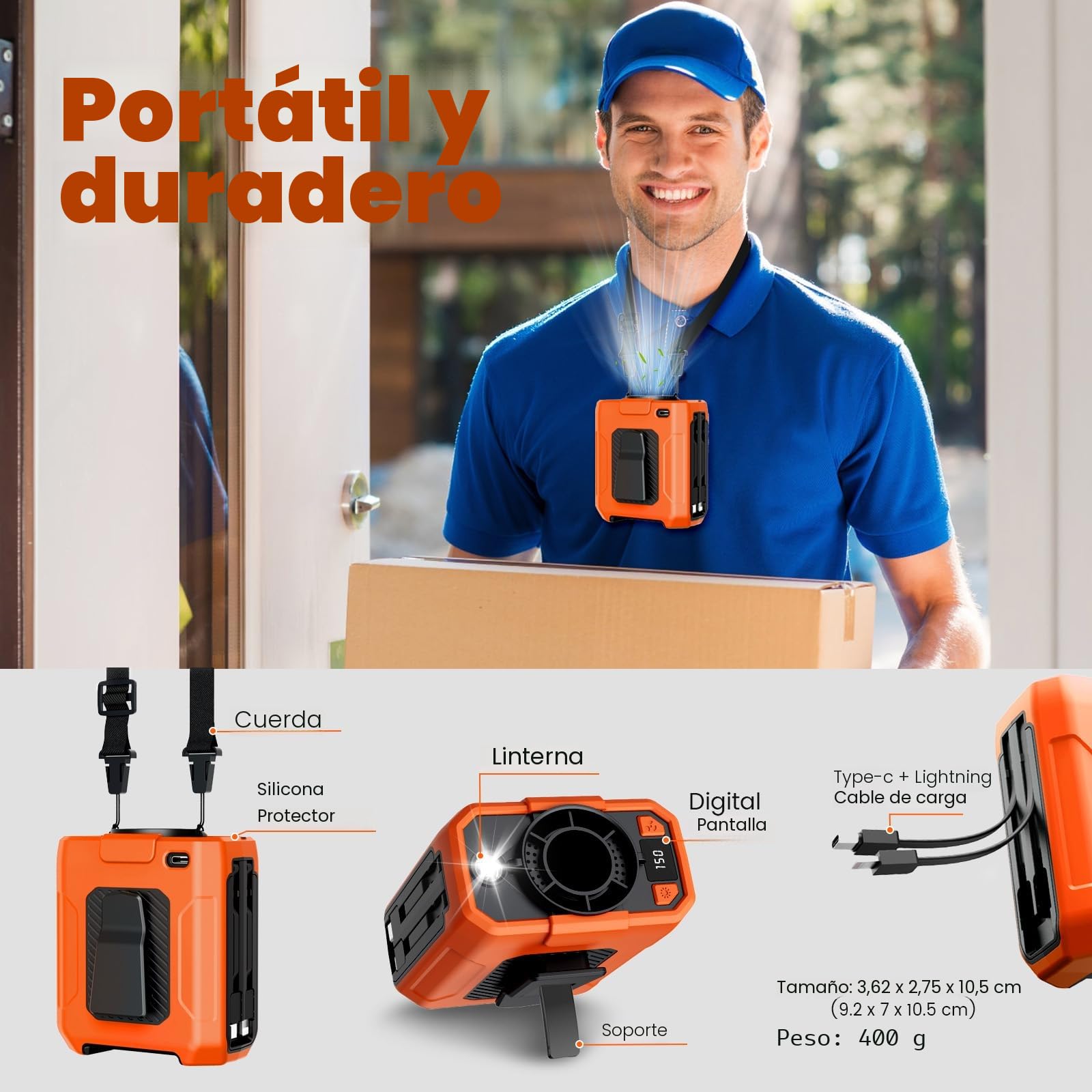 Uplayteck Ventilador de Cintura portátil, 5 Velocidades, 18.000 RPM, Batería de 10.000 mAh Hasta 35 Horas de Autonomía, Powerbank y Linterna, Refrigeración Rápida Ventilador Camiseta (Naranja)