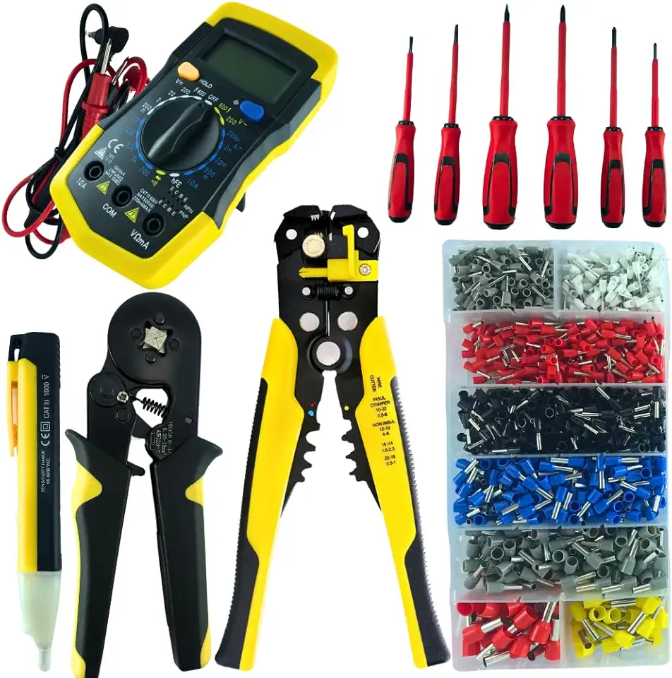 Alicate Crimpar Prensa Terminal Decapador Desencapador Fios 1200 Terminais Ilhós Tubular Chaves Isoladas Multimetro Digital Kit Eletricista Profissional Ferramentas