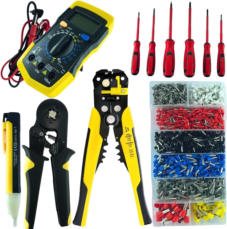 Alicate Crimpar Prensa Terminal Decapador Desencapador Fios 1200 Terminais Ilhós Tubular Chaves Isoladas Multimetro Digital Kit Eletricista Profissional Ferramentas