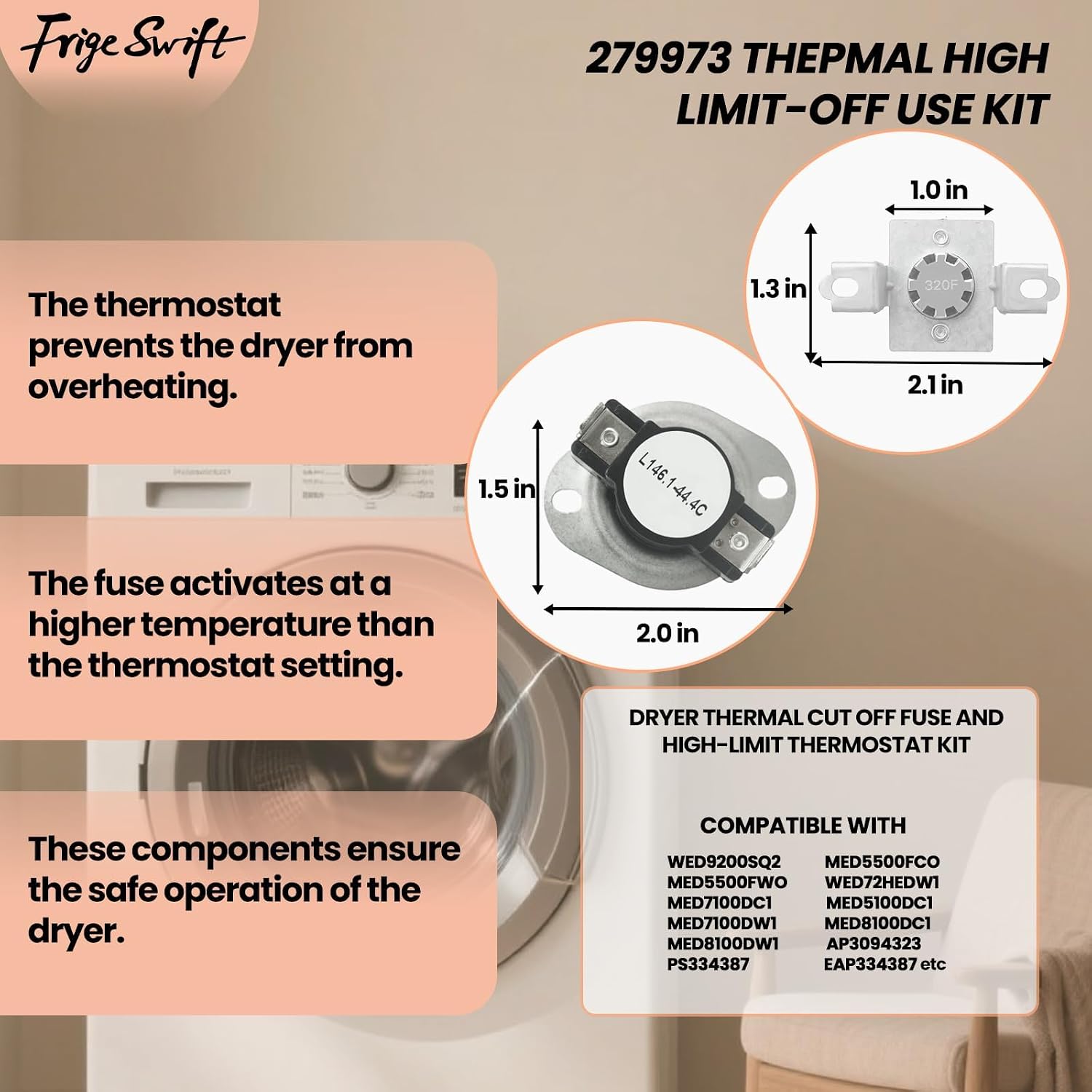 8544771 WP8544771 Dryer Heating Element with 279816 Thermostat Cut Off, 279973 3392519 Thermal Fuse Kit - Compatible with Whirlpool, Maytag, Kenmore Dryers