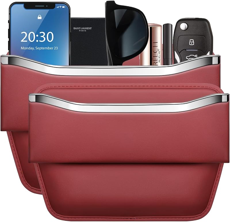 Organizador de Vão entre Banco e Console HOLDCY em Couro Vermelho com Bolso Lateral, 2 unidades