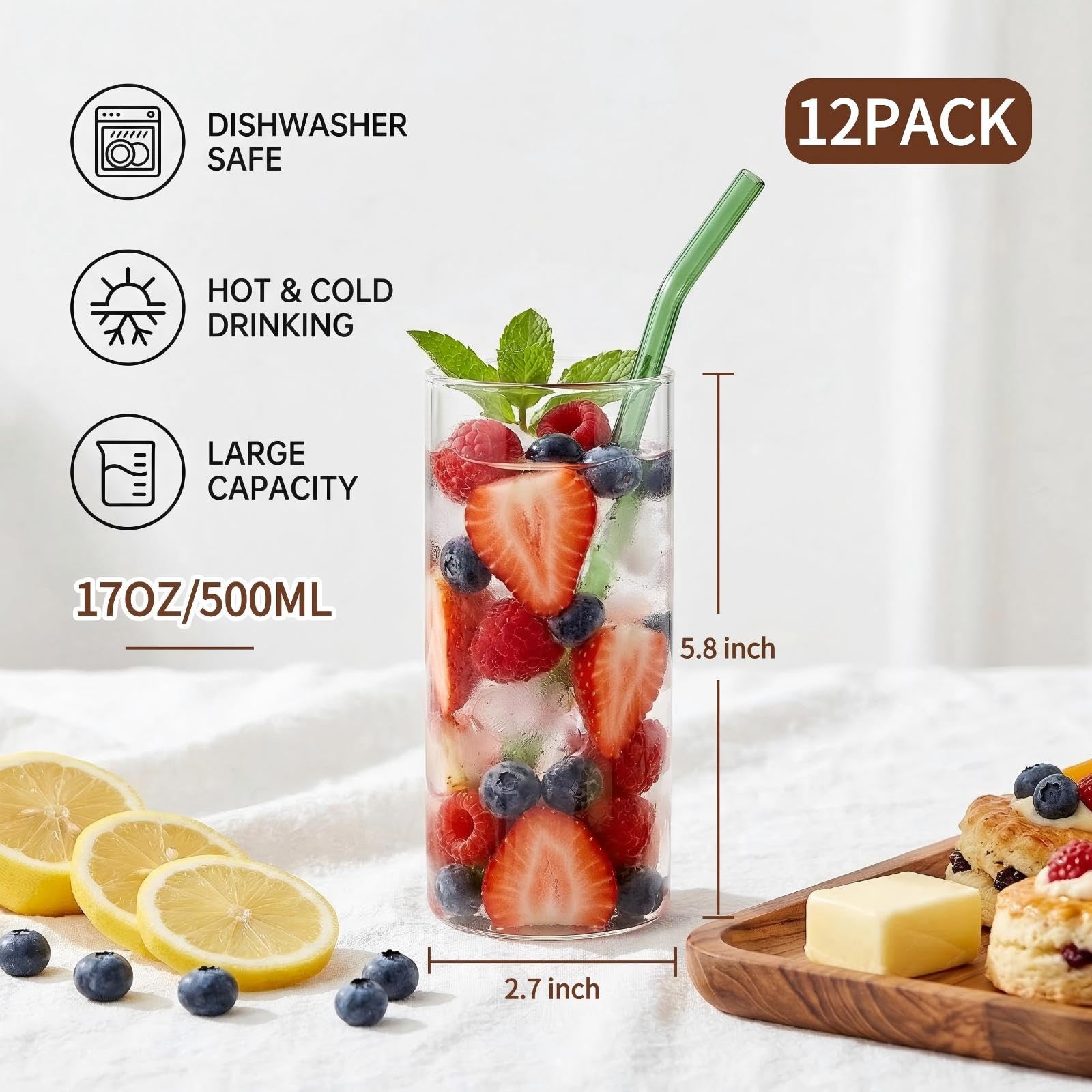Lot de 12 verres à eau fins - 500 ml - Hauts - Légers - Pour eau, jus, cocktails, mojito, whisky
