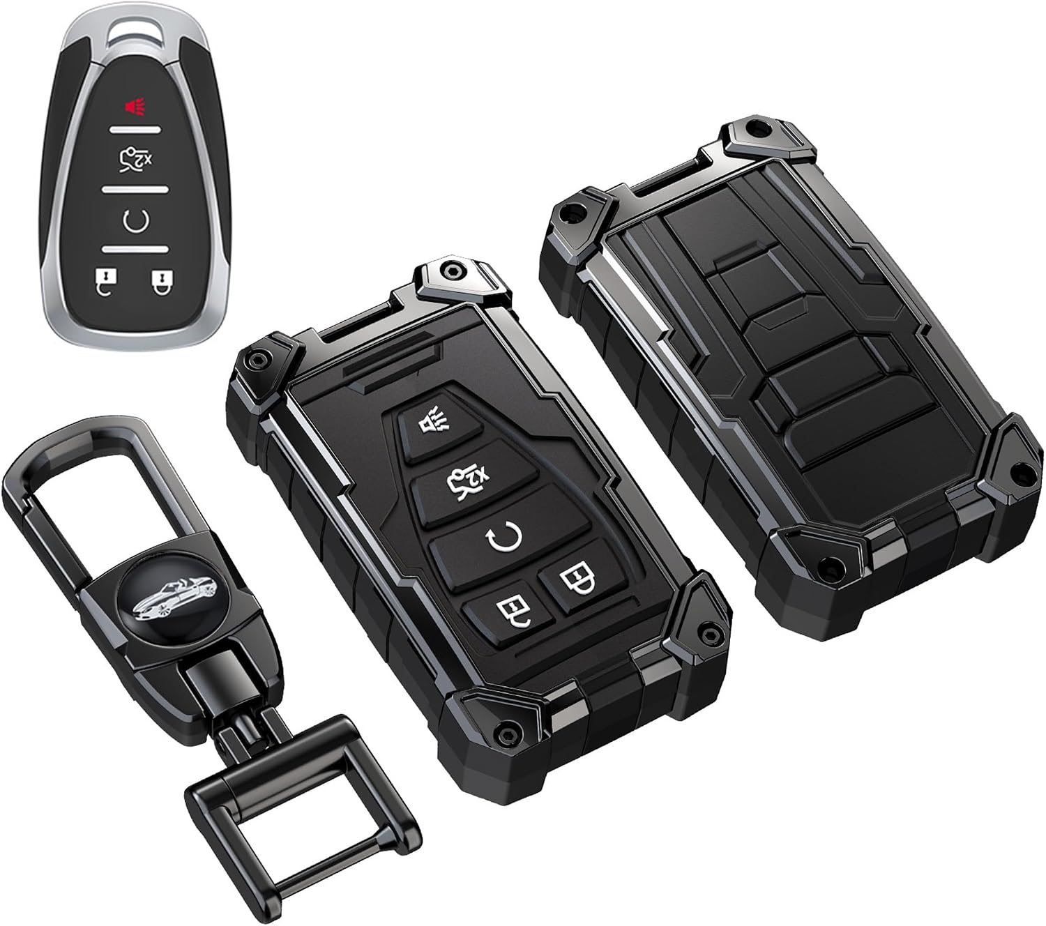 Heavy Key Fob Cover for Chevy, Keychain, Metal Silicone Key Fob Case Compatible with Malibu Equinox Trax Camaro Blazer Traverse Trailblazer Spark (Black, R Buckle)