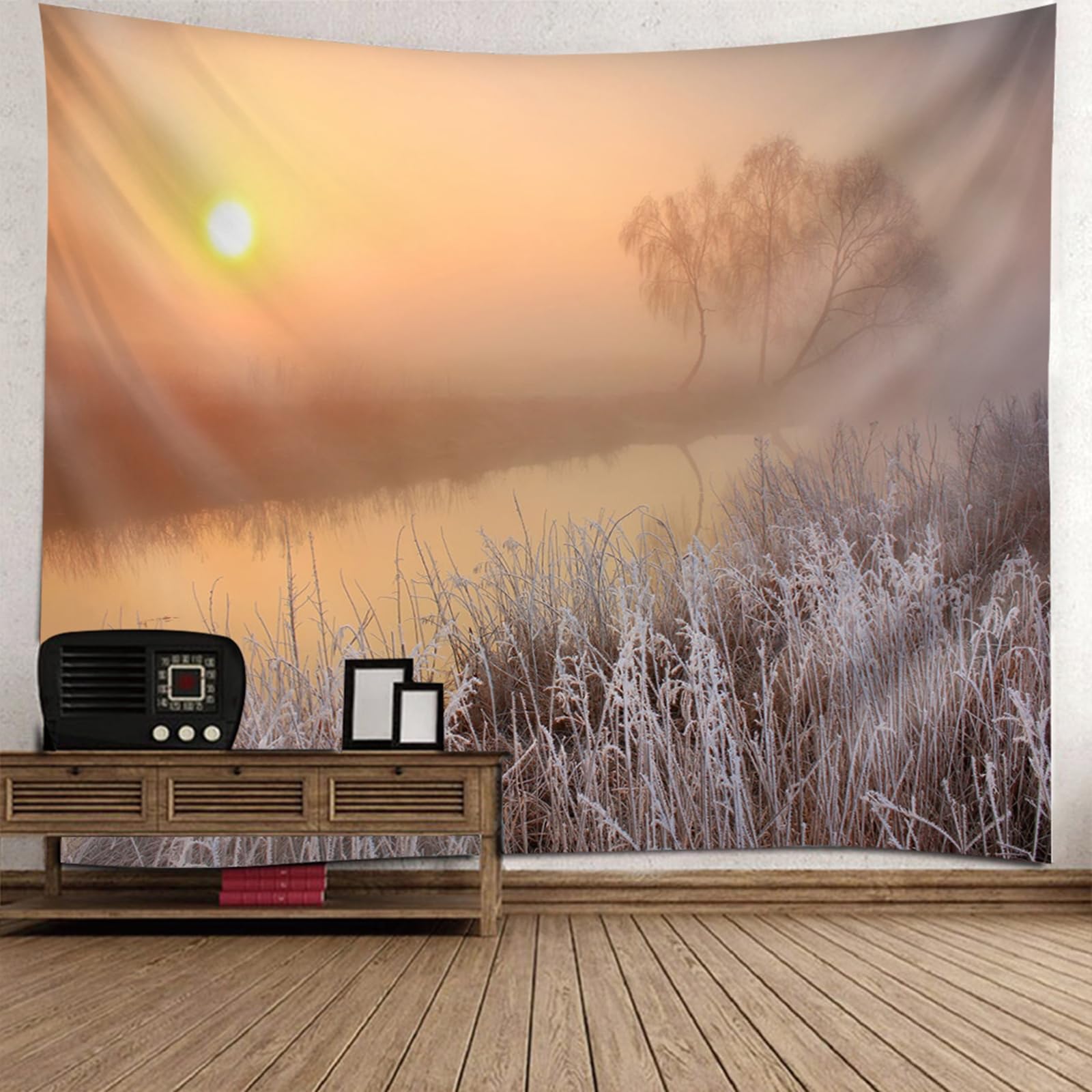 RDSGYZ Dywan ścienny duży 256 x 350 cm, makata na ścianę, motyw zachodu słońca i jeziora, zasłona ścienna, dekoracja ścienna, pokój dziecięcy, sypialnia, salon