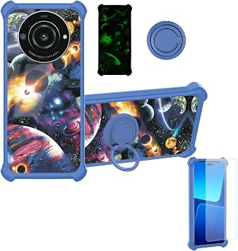Compatible Sharp Leitz Phone 2 5g Td-Lte Jp Lp-02 Case 1 Piece 9H + Tempered Glass Film Hard PC + Soft Silicone Shockproof 360 Degree Rotating Metal Ring Stand Luminous Effect YGL-XQ