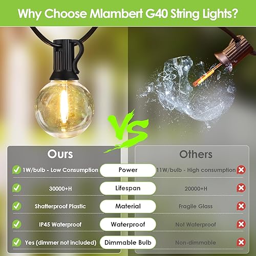 Miniatura 6 de Mlambert Tira de luces LED para exteriores de 300 pies (3 x 100 pies), regulables, impermeables, G40, con 150+7 bombillas blancas cálidas para patio