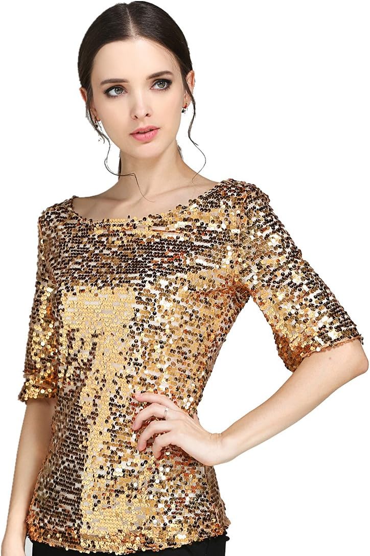 Glistening Sequin Cocktail Club Party Top Shimmer Glam Glitter Plus Size T-Shirt (Golden, S)