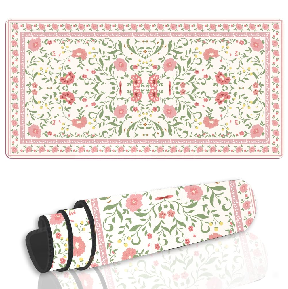 WEBEEDY Floral Gaming Mouse Pad with Non-Slip Base, Large Mousepad with Stitched Edge Keyboard Desk Pad Protector for PC Computer Laptop Work Home Office Decor, 80x40 cm