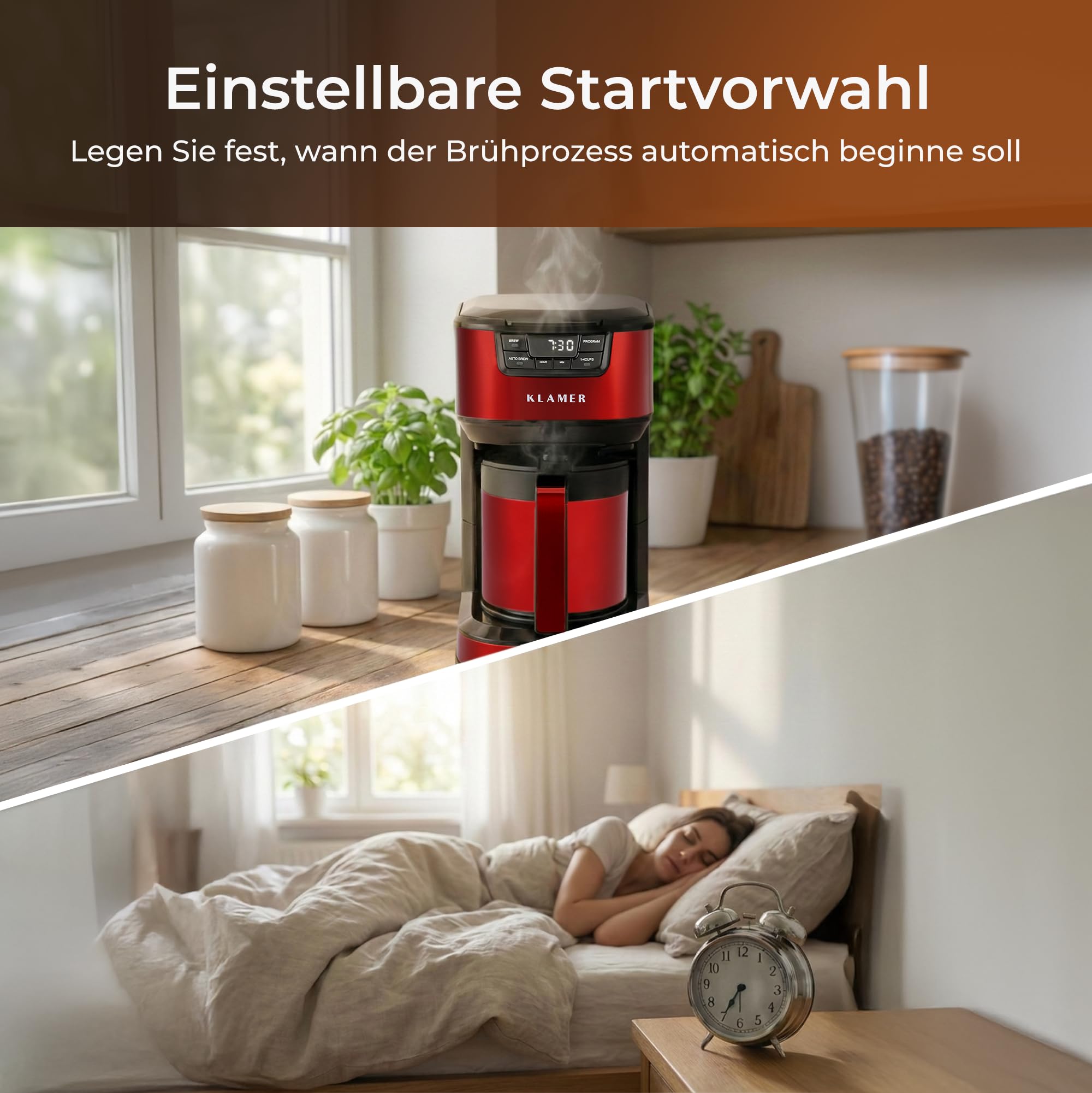 KLAMER Kaffeemaschine mit Startzeitvorwahl, morgens ist der Kaffee fertig | Die doppelwandige Thermoskanne hält den Inhalt warm, mit 1,25 L für bis zu 10 Tassen, Tropf-Stopp und herausnehmbarem Filter