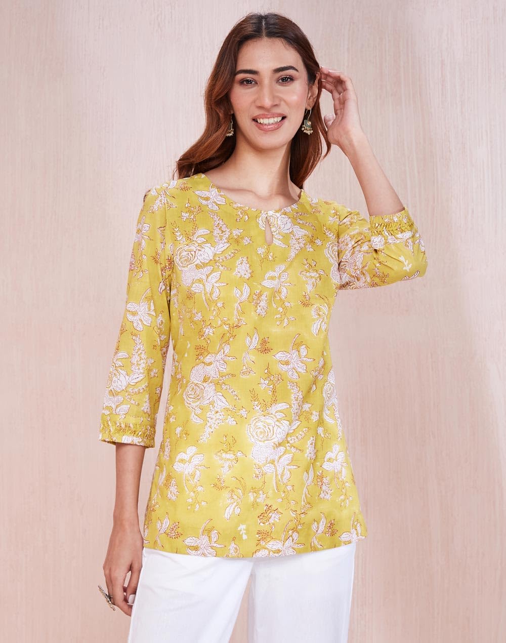 Fabindia Women's Cotton Printed Slim Kurta (1037318Yellow_Yellow