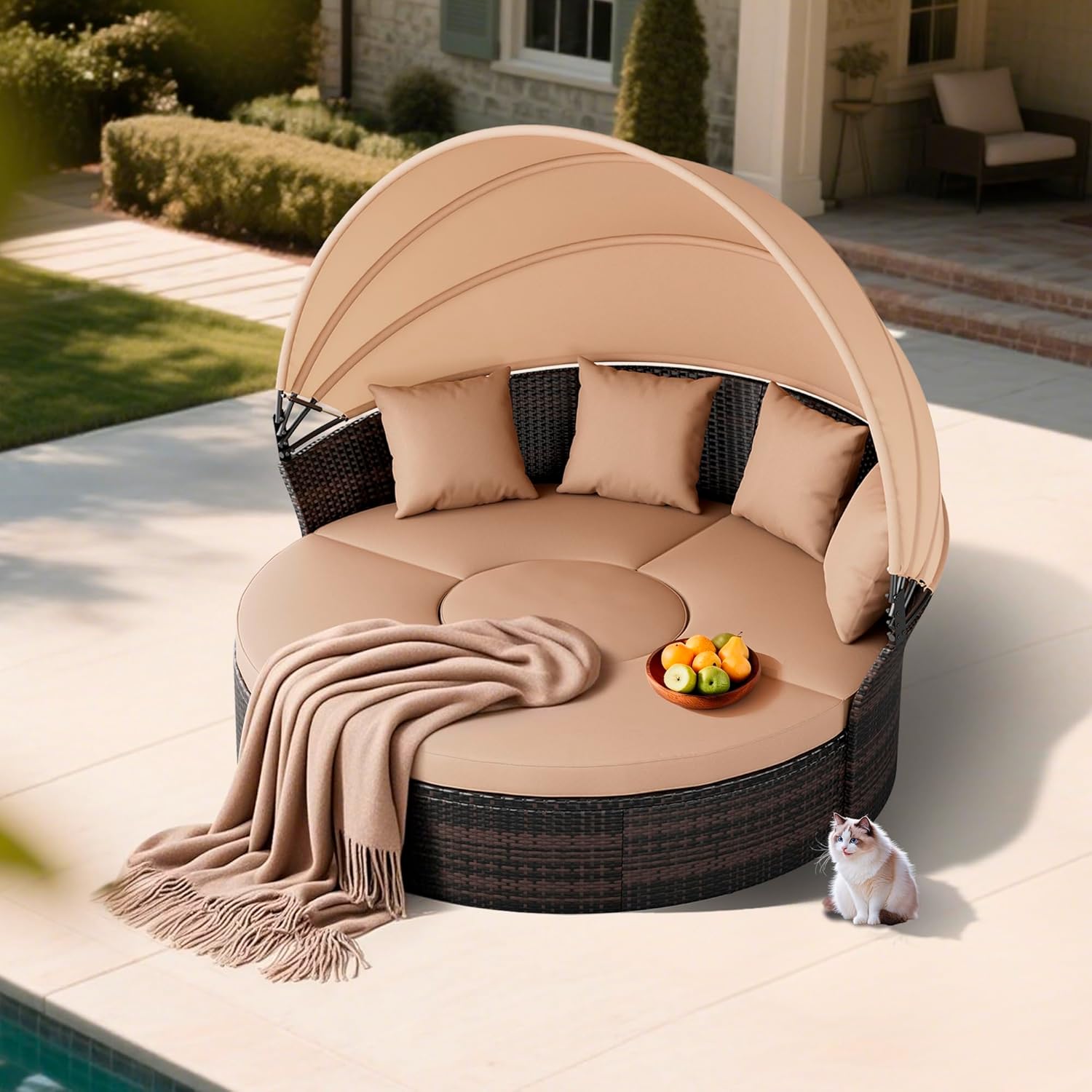 SUNCROWN Outdoor Patio Round Daybed with Retractable Canopy, Wicker Sofa Furniture Clamshell Sectional Seating with Cushions,Backyard, Porch, Brown