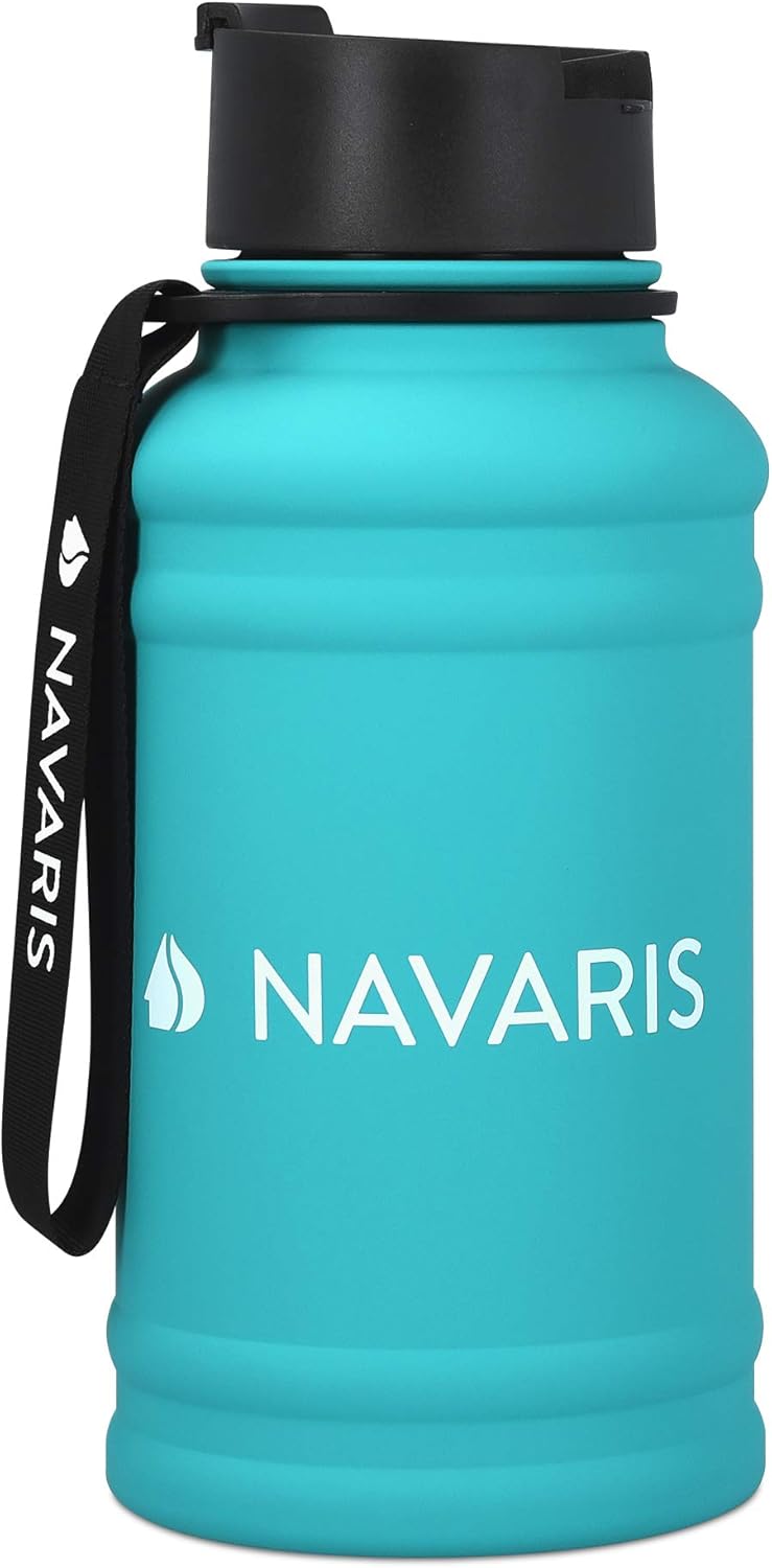 Navaris Stainless Steel Water Bottle 44oz (1.3L) Large Metal Sports
