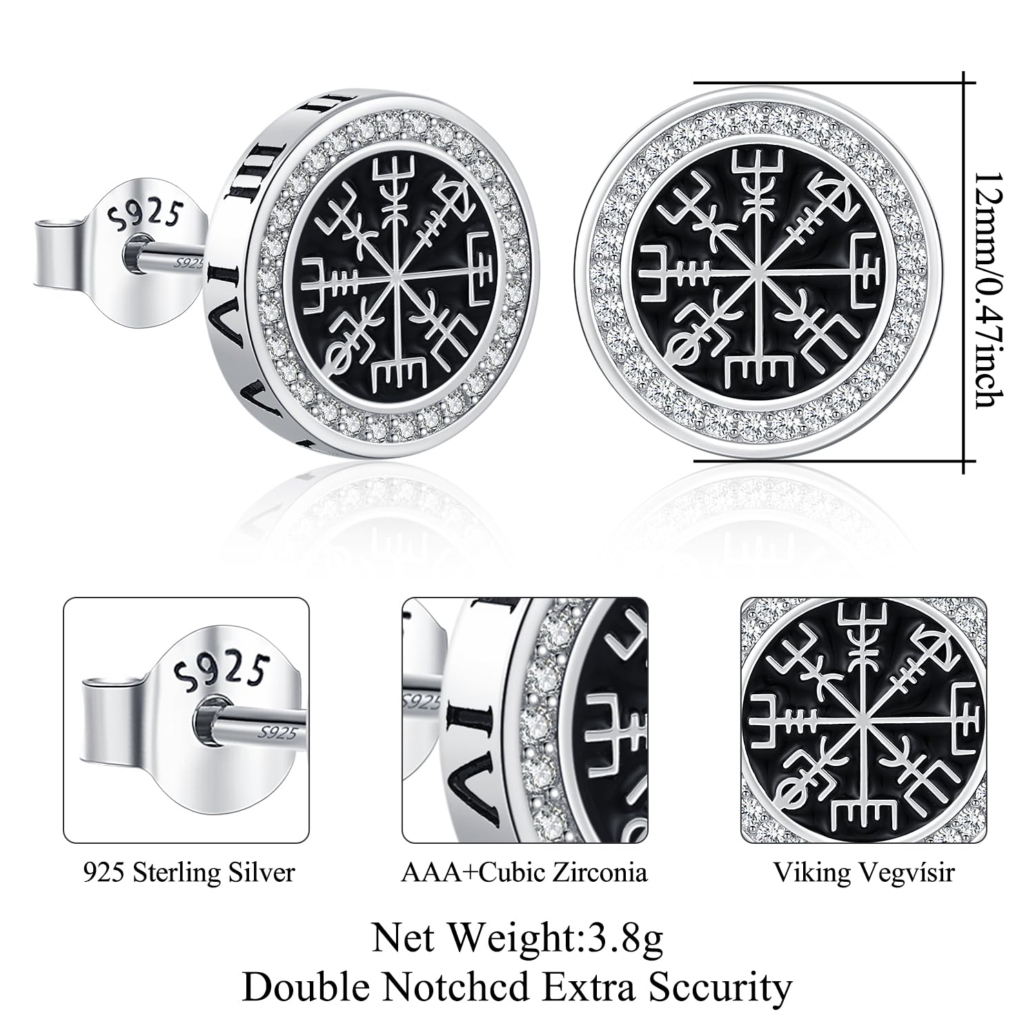 Wikinger Ohrringe Herren, S925 Silber Ohrstecker Herren,Viking Rune Ohrringe Hypoallergen Schwarze Punk Gothic Ohrstecker Schwarzer Schmuck Geschenke für Damen Männer