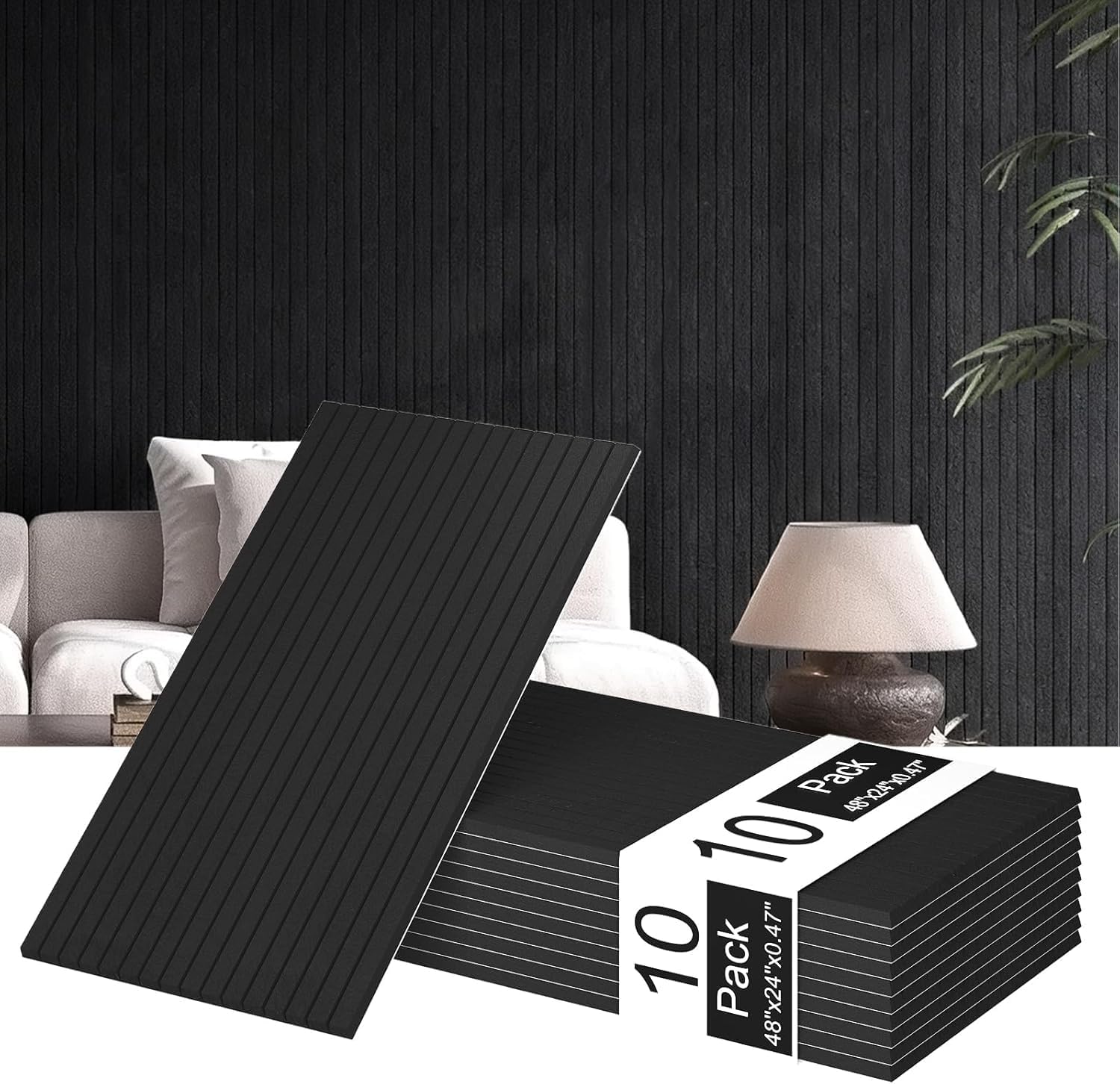 10 Pack Acoustic Panels,Thicker 0.47″Self-Adhesive Soundproof Wall Panels,High Density Sound Proof panels for Walls, Office, Reccording Studio, Home,Living Room-Black(Size-48 * 24 inch)