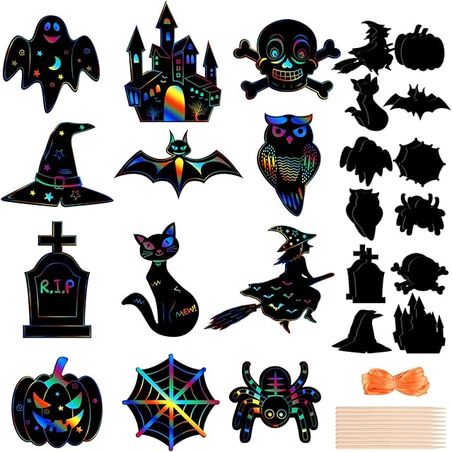 CHRORINE 24Pcs Halloween Theme Scratch Paper Kit 12 Styles Scratch Art Paper Pumpkin Bat Craft for Halloween Party Supplies