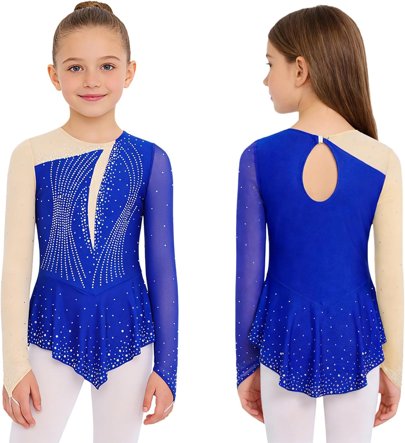 Figure Ice Skating Dress for Girls Sparkly Long Sleeve Ballet Dance Dress Gymnastics Leotard Competition Dancewear