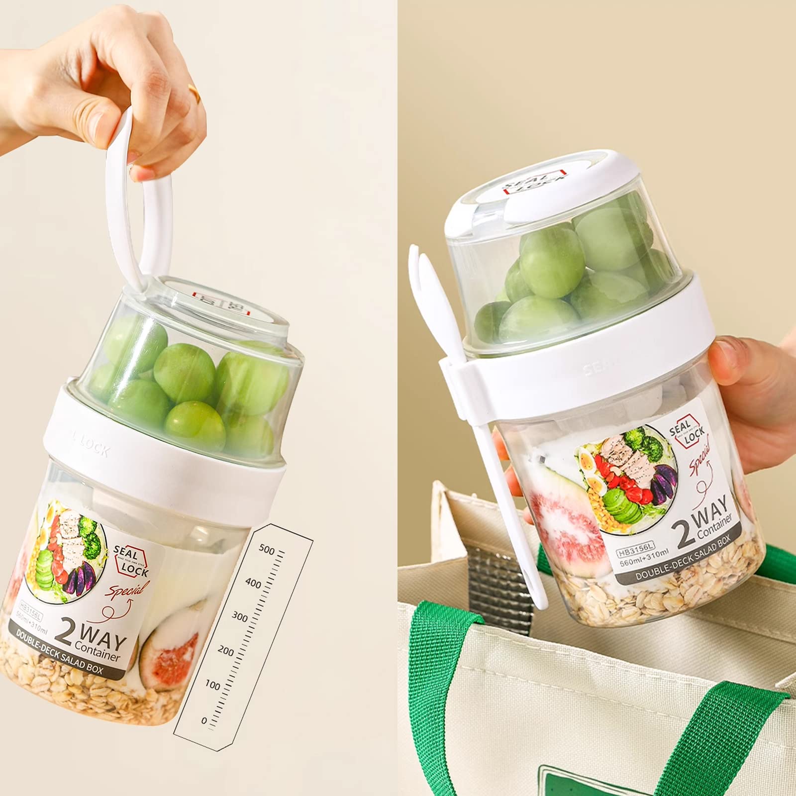 bainuote Gobelet à yaourt 2 en 1 à emporter - Anti-fuite - 310 ml + 560 ml - Sans BPA - Pour le petit déjeuner ou le déjeuner - Avec cuillère - Vert clair
