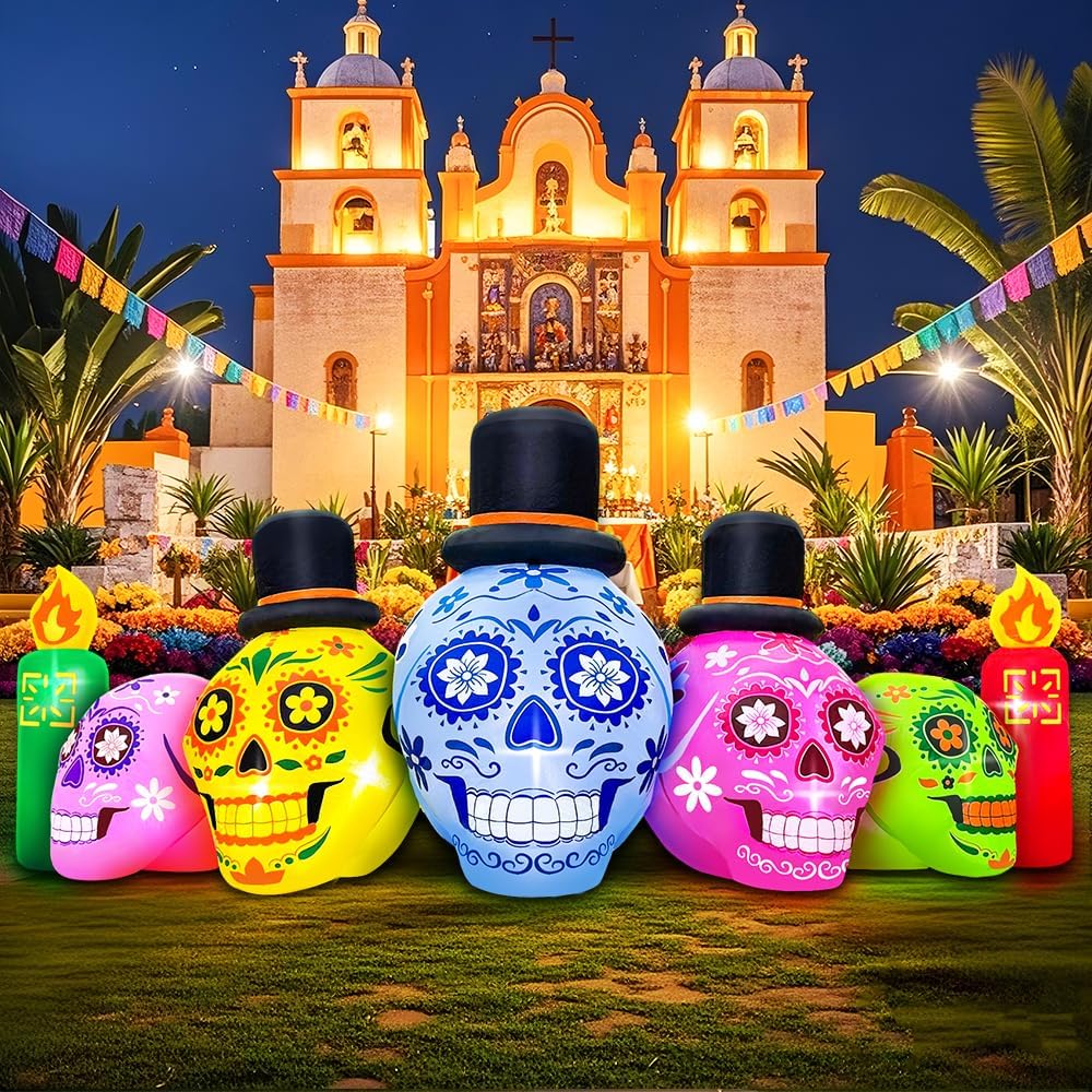 7FT Halloween Inflatable Blow Up Decorations, Blow up Skeleton Day of Dead Catrina Skulls Dia de Los Muertos, Built-in LEDs for Holiday Party, Garden, Lawn, Yard, Patio Decor