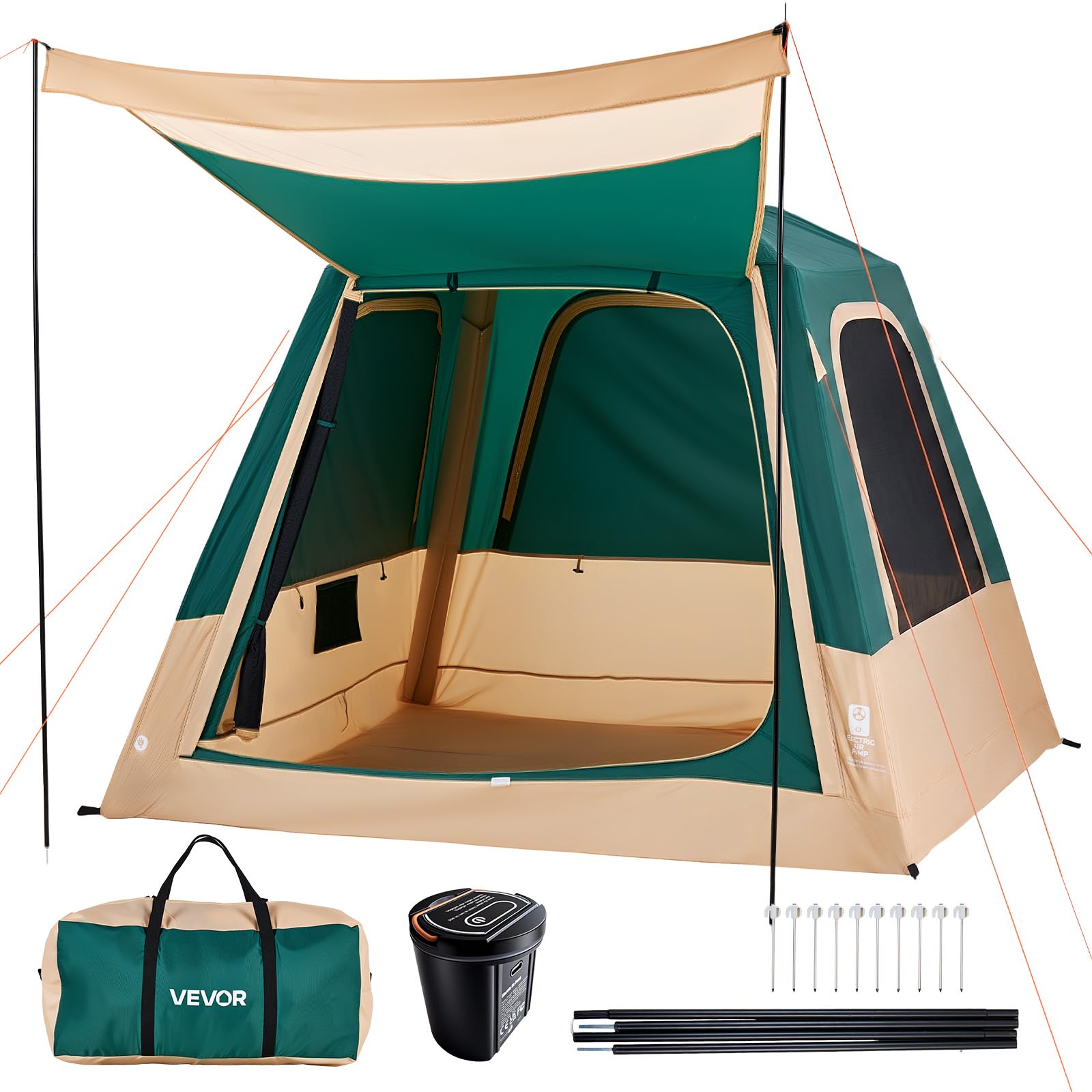 VEVOR Tenda da Campeggio, Tenda Gonfiabile per 4 Persone con Pompa Ricaricabile, Tubo Aria in TPU e 5 Finestre in Rete, Portatile, Impermeabile con Borsa Trasporto, Colore Verde, per Gite e Vacanze