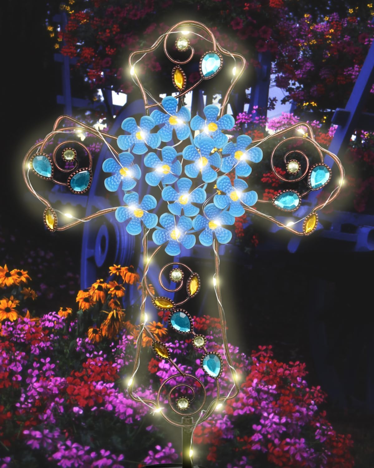 Putuo Decor Solar Cross Garden Stake Light Decorations Cemetery Decorations for Grave Outdoor Indoor Home Garden Doors Christian Memorial Garden Lawn Yard Patio Blue Flower