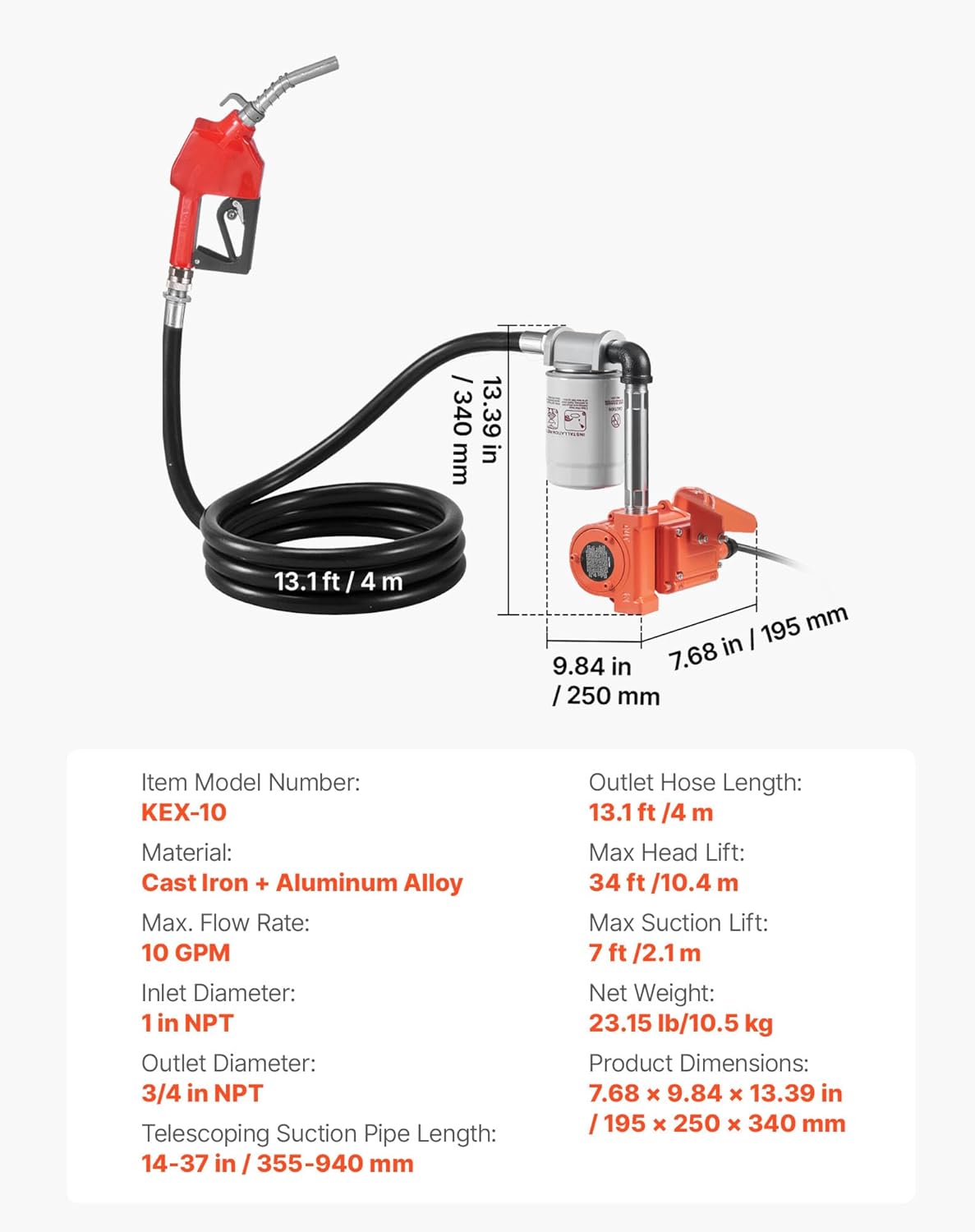 VEVOR Fuel Transfer Pump, 12V DC 10 GPM, Portable Diesel Transfer Pump Kit, with Auto Shut-Off Nozzle, Discharge Hose, Overheat Protection, Power Cable, Explosion-Proof, for Gasoline Diesel Kerosene
