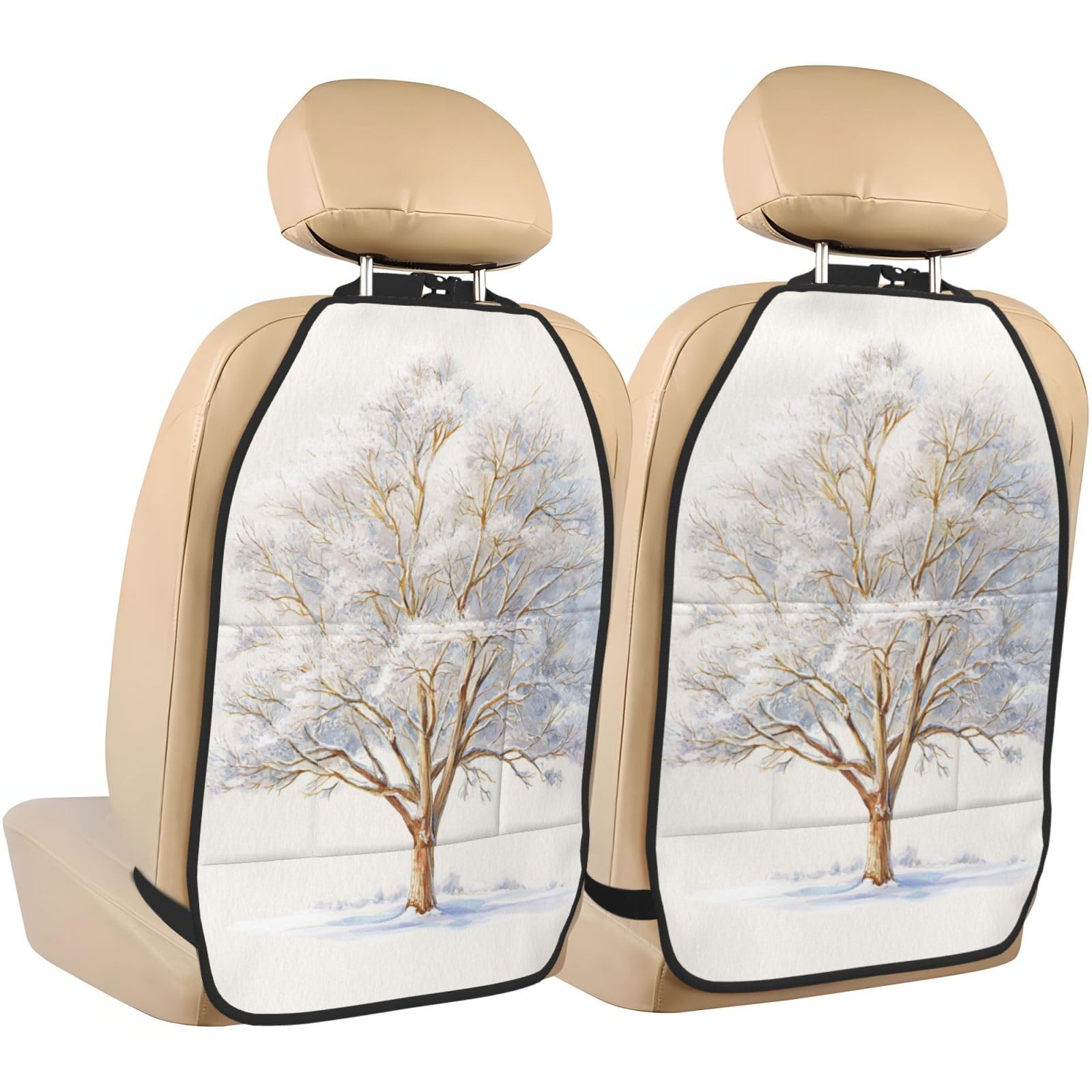 Watercolor Majestic Winter Tree Car Seat Back Kick Protectors,2 Pack Kick Mats with Storage Pockets for Vehicles to Protect from Dirt Mud Scratches
