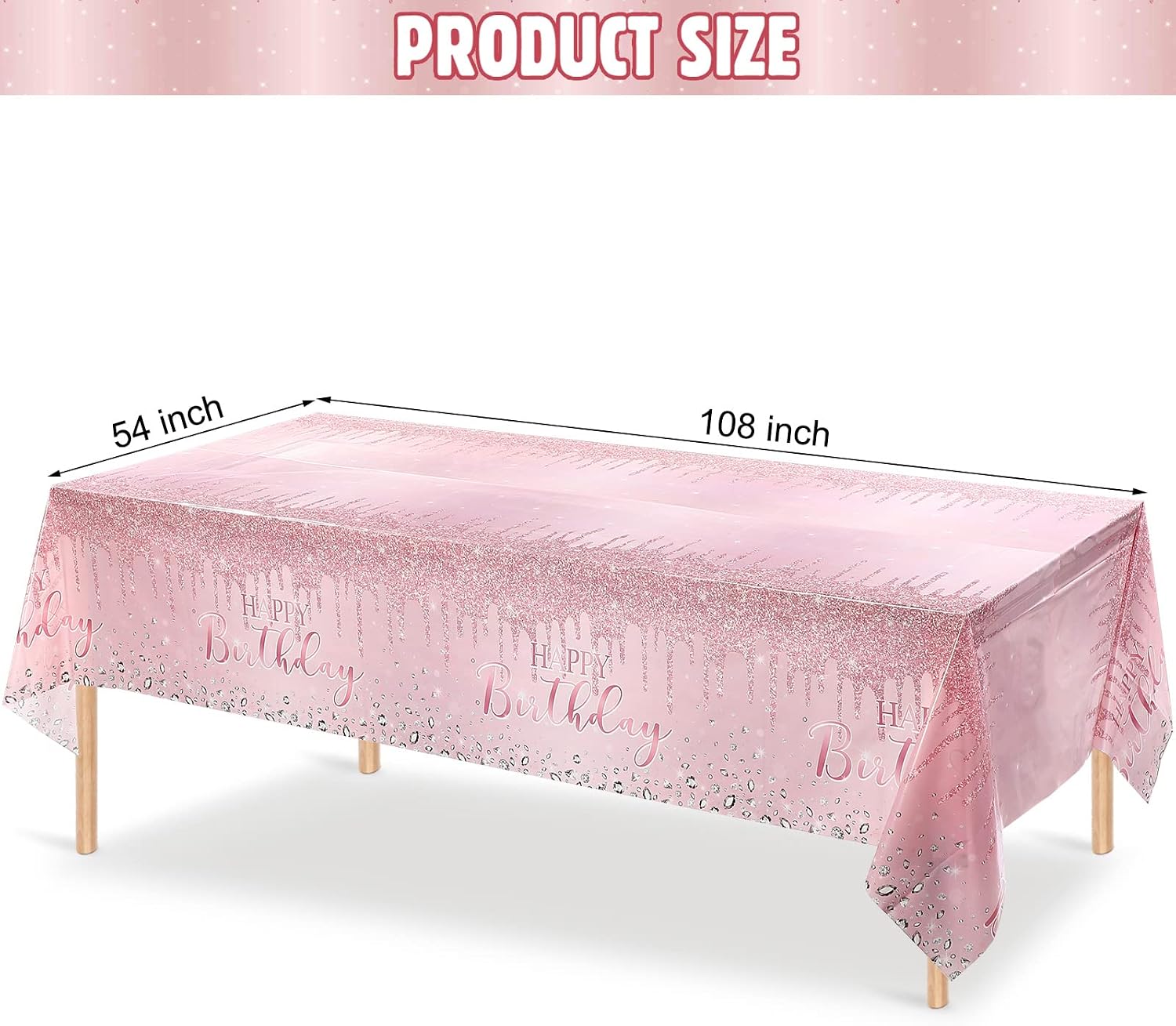 Pajean 3 Pcs Tablecloths Glitter Diamond Table Cover PE Girl Party Happy Birthday Table Cloths Sequin Printed Plastic Tablecloth for Girl Women Birthday Wedding Party, 54 x 108(Pink and Rose Gold)