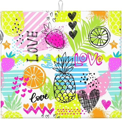 Tapete de secado de platos colorido con patrón de frutas para cocina, 16 x 18 pulgadas, tapete de drenaje de platos absorbente de microfibra con