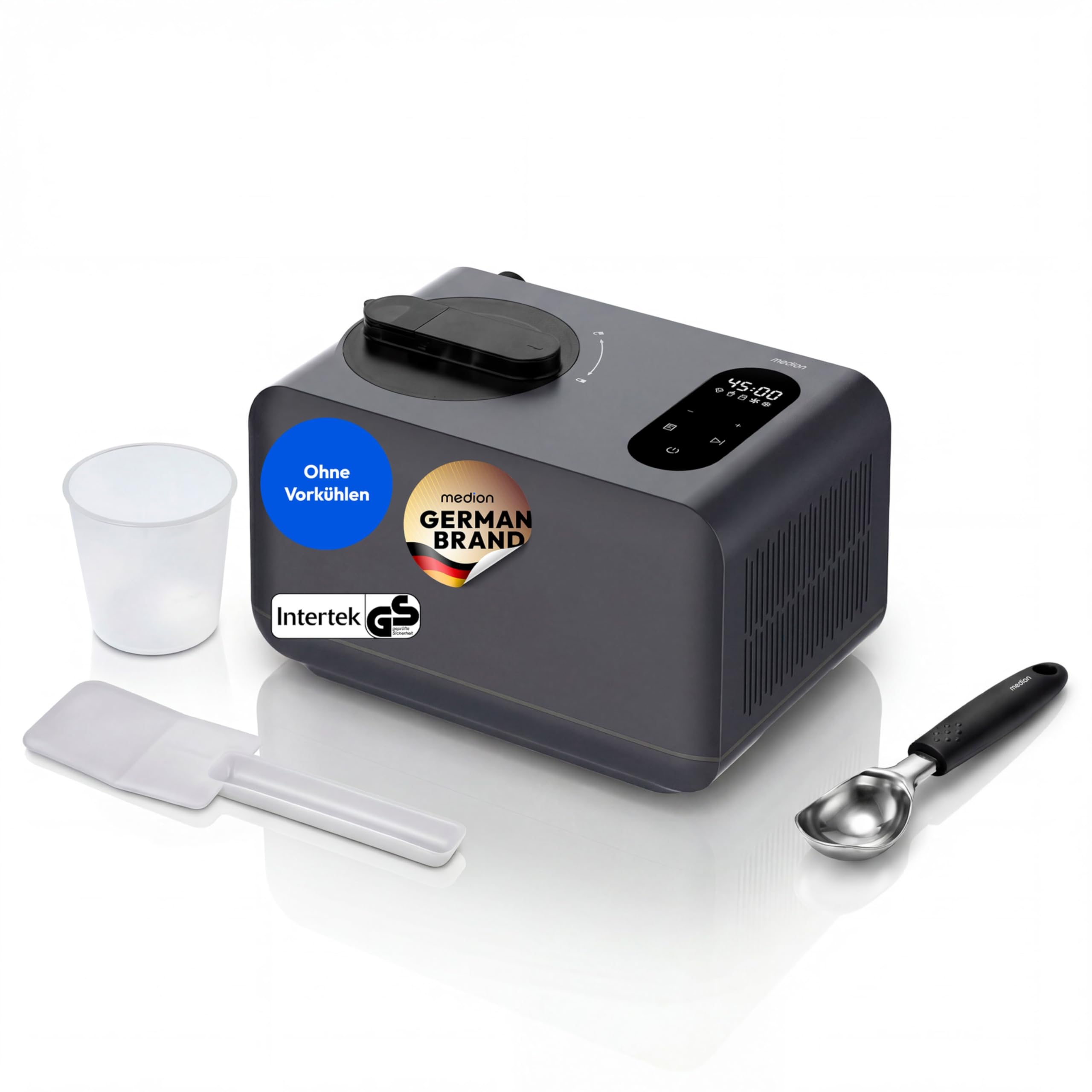 MEDION Eismaschine mit Kompressor - 1,5 Liter, Eiscreme Joghurt & Slush ohne Vorkühlen, Touch-Display, selbstkühlend, inkl. Zubehör, MD 100087