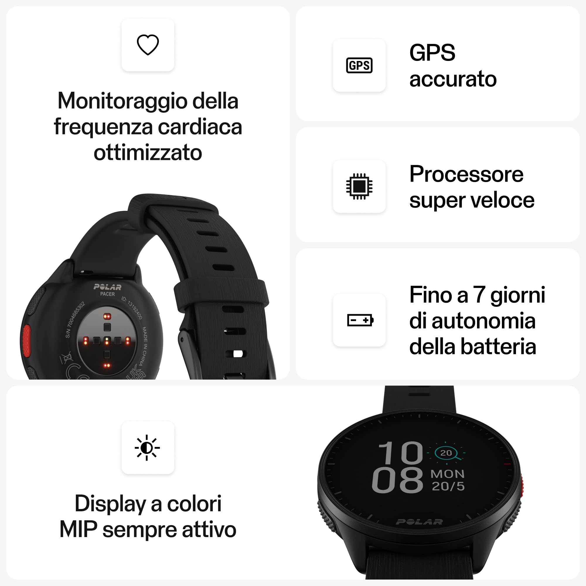 Polar Pacer - Running watch con GPS - Processore ad alta velocità - Leggero - Pulsanti facili da usare - Funzionalità di allenamento e recupero - cardiofrequenzimetro - Controllo della musica