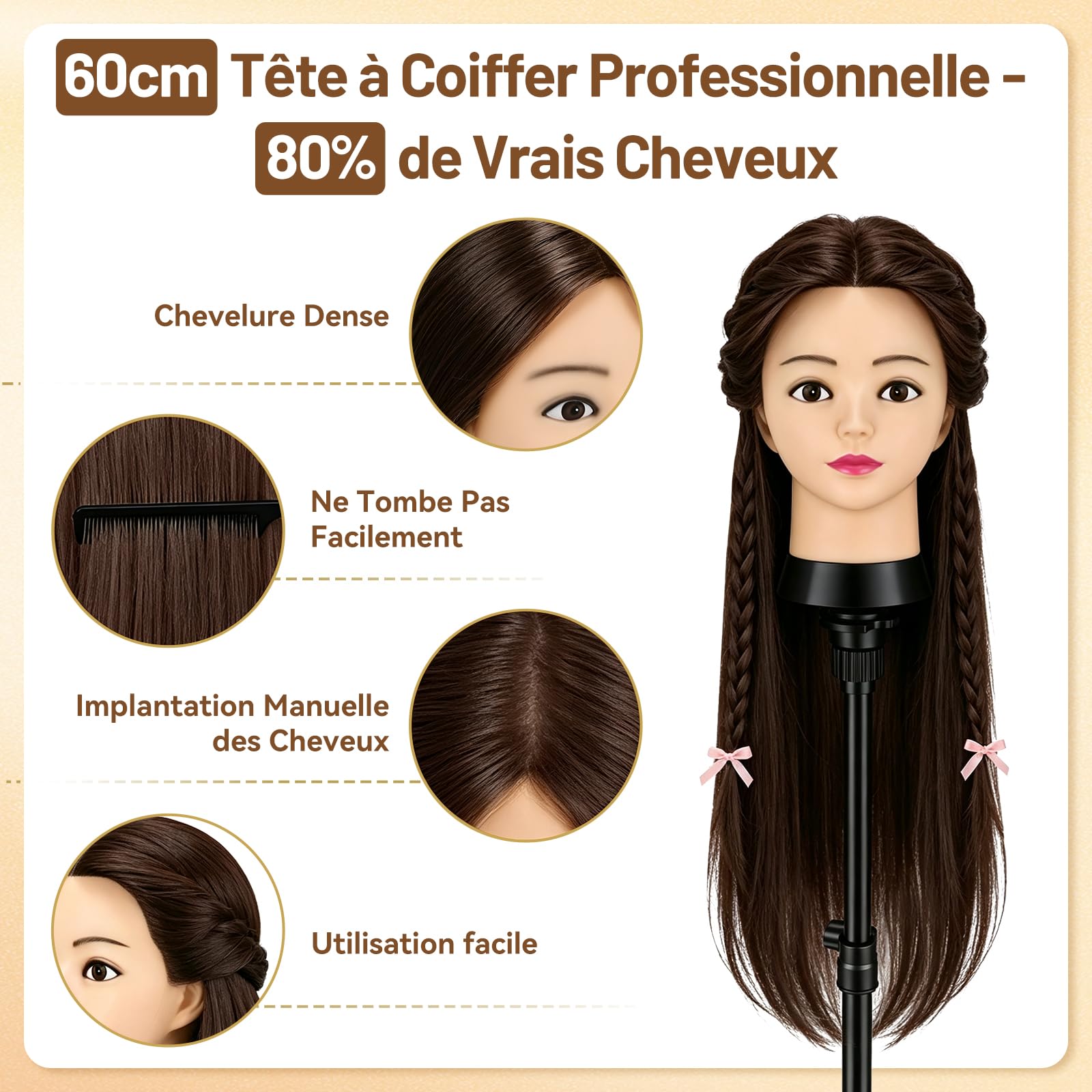 TwoWin 60cm Tête à Coiffer Professionnelle, Tete a Coiffer 80% Vrai Cheveux
