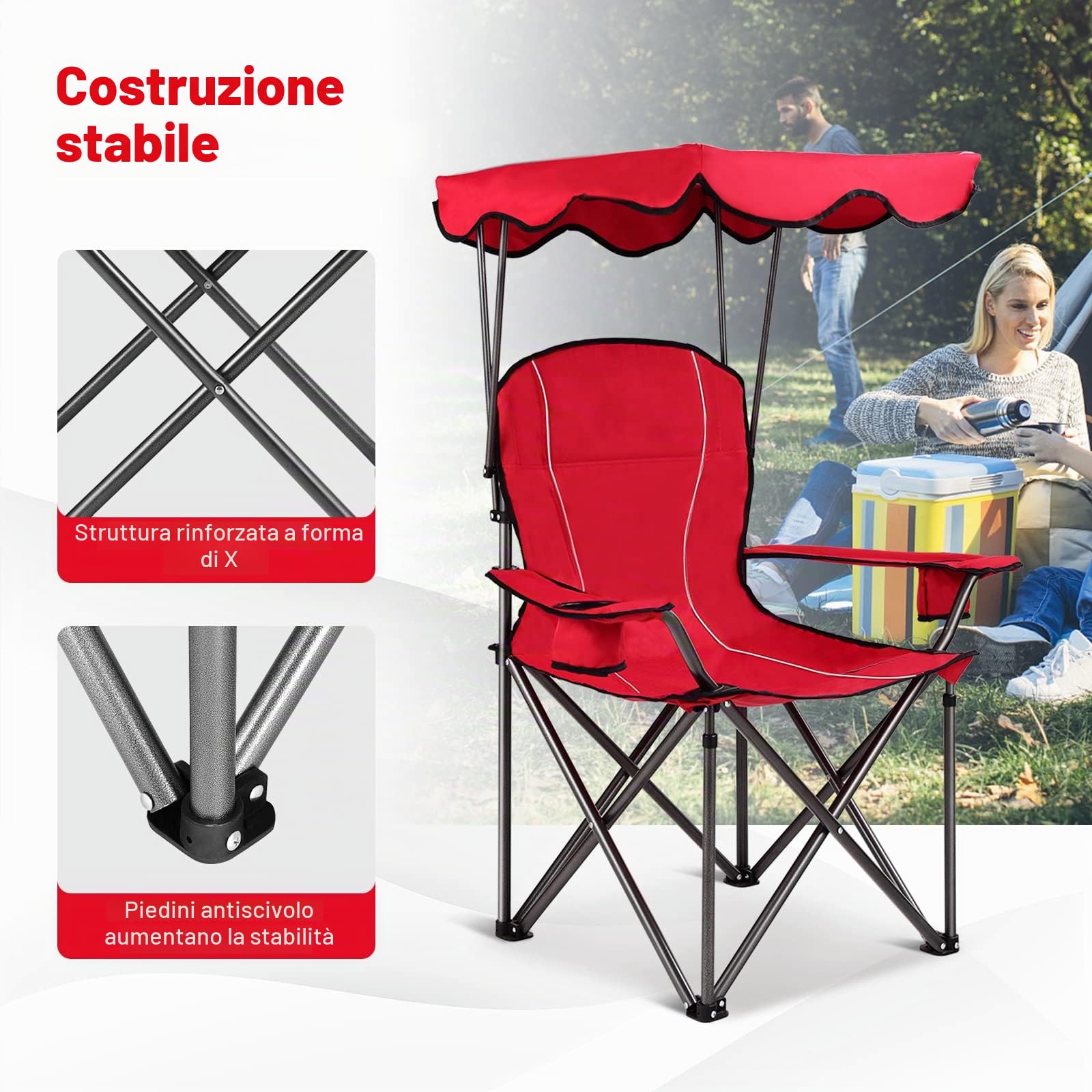 GIANTEX Sedia Pieghevole da Campeggio Leggera con Tetto, 2 Portabicchieri e Borsa per il Trasporto, per Patio, Spiaggia, Campeggio, 91x67x137cm, 2 Colori (Rosso)