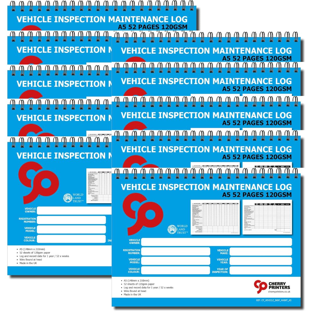 Cherry Printers Vehicle Inspection Maintenance Log Book | A5 Daily Vehicle Check & Fleet Service Record | 52 Week Inspection & Maintenance Log | Wiro Bound | 120gsm | 8 Pack