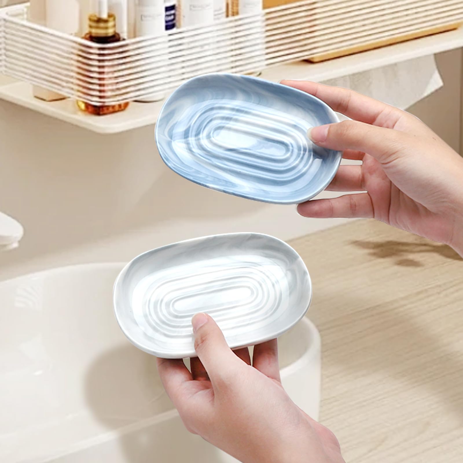 2 sztuki ceramicznej mydelniczki, antypoślizgowy uchwyt na mydło z marmuru, elegancki owalny wzór z antypoślizgowym dnem, pojemnik na mydło, dozownik mydła, podstawka na mydło do umywalki, łazienki