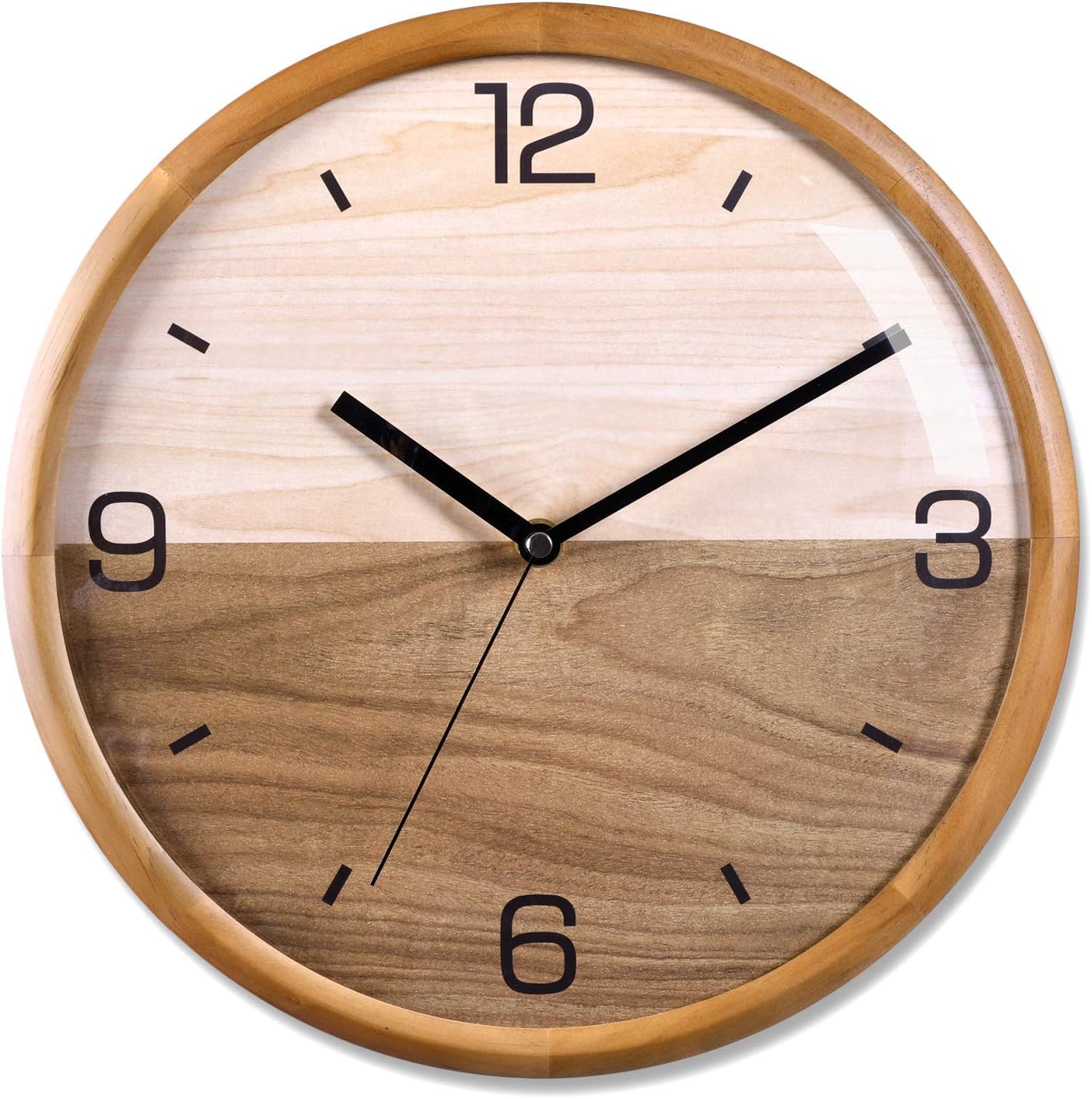 Kesin Wall Clock Wood 12" Silent Non Ticking Modern Wall Clocks Battery Operated for Living Room Decor, Pine Wood Frame with Dome Glass Cover Large Decorative Digital Wall Clock Analog Wall Clocks