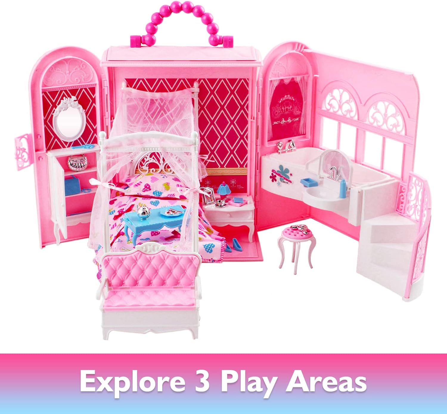 deAO Doll Houses Portable Backpack for Girls Toy House Baby Dollhouse Bedroom Furniture for 3 to 8 Years Olds Toddler Kids…