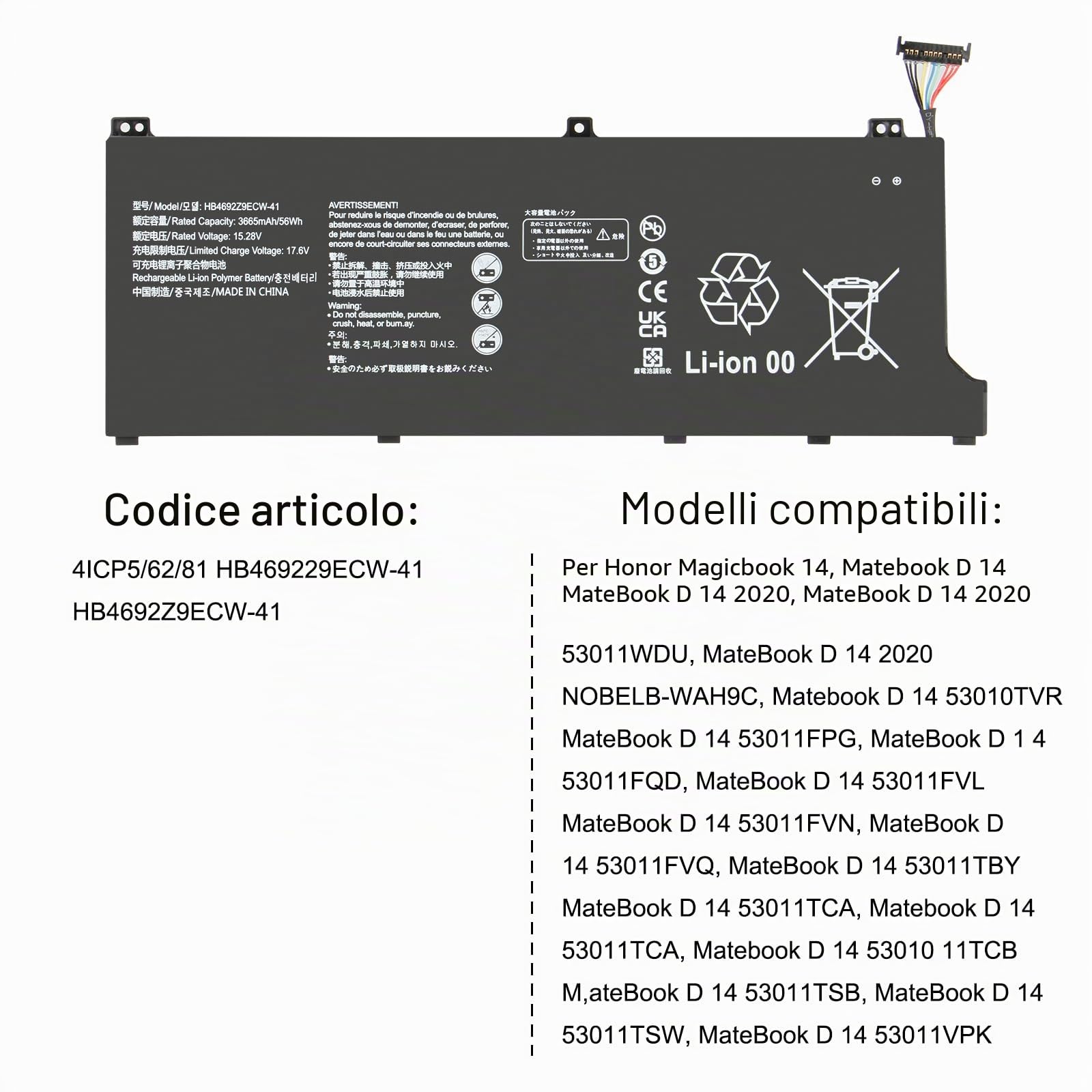 HB4692Z9ECW-41 Batterie per Honor Magicbook 14 (2019) per Huawei Matebook D 14 (2020) 14-53010TVS NBLK-WAX9X NBB-WAE9 NbB-WAE9P NBB-WAH9 NbB-WAH9P NbB-WAQ9R NbB-WAQ9RP Nbl-WAQ9R 15.28V 56Wh