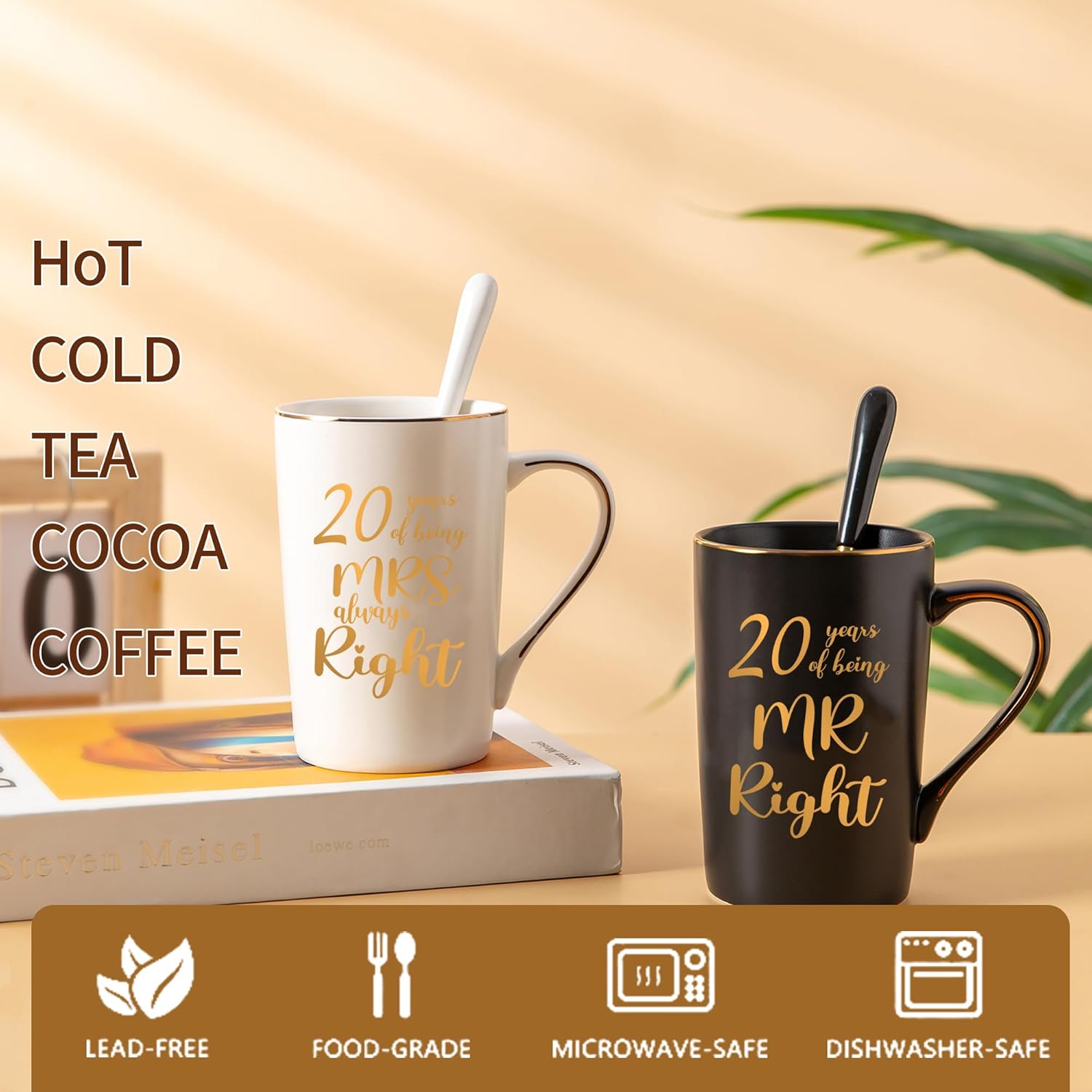 20th Wedding Gifts, 20th Anniversary Engagement Gift Ideas, 20 Years of Being Mr & Mrs Always Right Mug Set, Wedding Gifts Ideas for Couple Parents, 14 Oz with Lids and Gift Box - Image 3