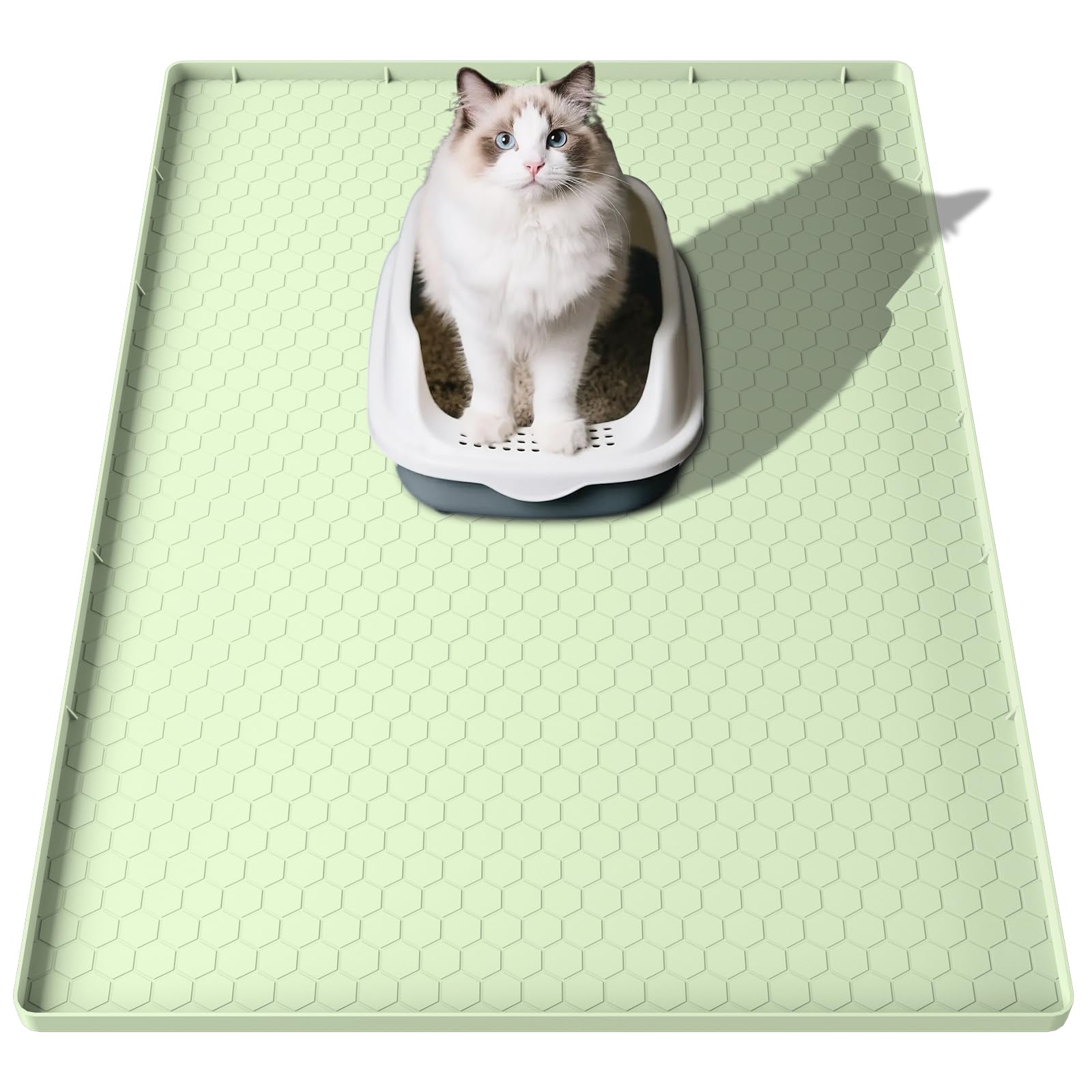 Pawinner Cat Litter Tray Mat Extra Large 33.86x22 inch (86x56 cm), Silicone Pet Litter Tray Mat, Urine and Waterproof Cat Litter Mat, Odourless, Anti- Slip Easy Clean, Green