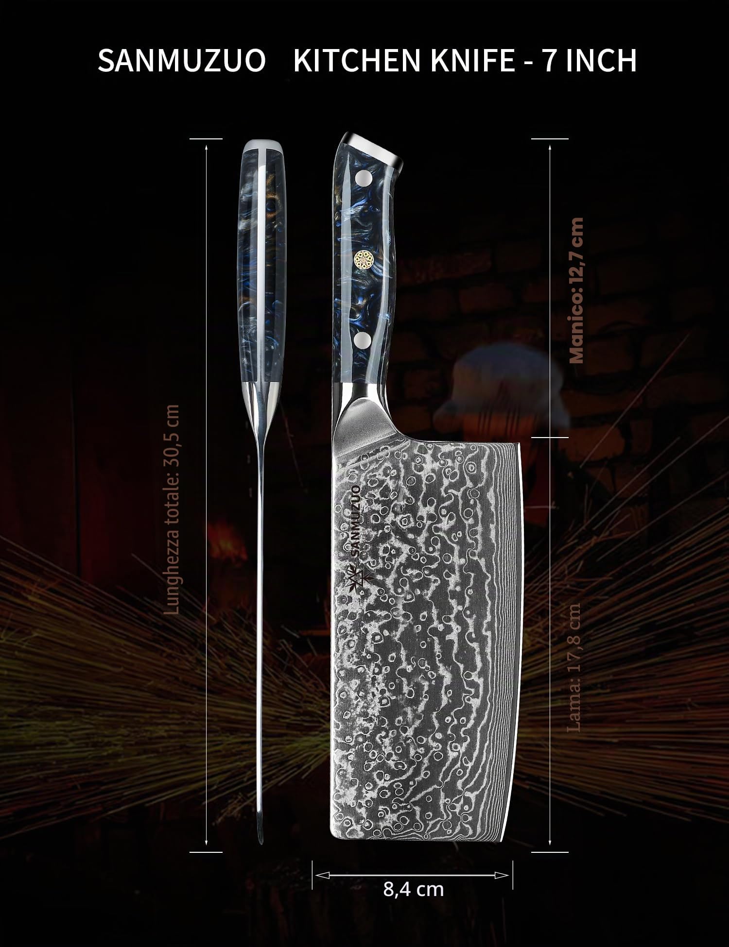 Coltello da Chef Cinese Professionale - Coltello da Cucina 18 cm, Acciaio Damasco 67 Strati - Impugnatura Ergonomica Resina - Xuan Series(Nero Stellato)