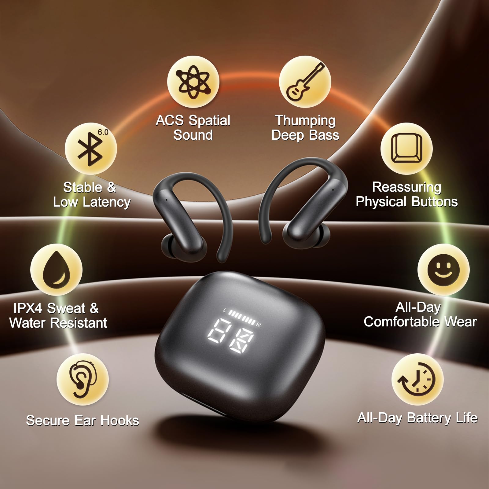 Auricolari sportivi con gancio per l'orecchio 66 ore di riproduzione con custodia a LED, Bluetooth 6.0 wireless, auricolari sportivi sopra l'orecchio, cuffie IPX4 per allenamento in palestra